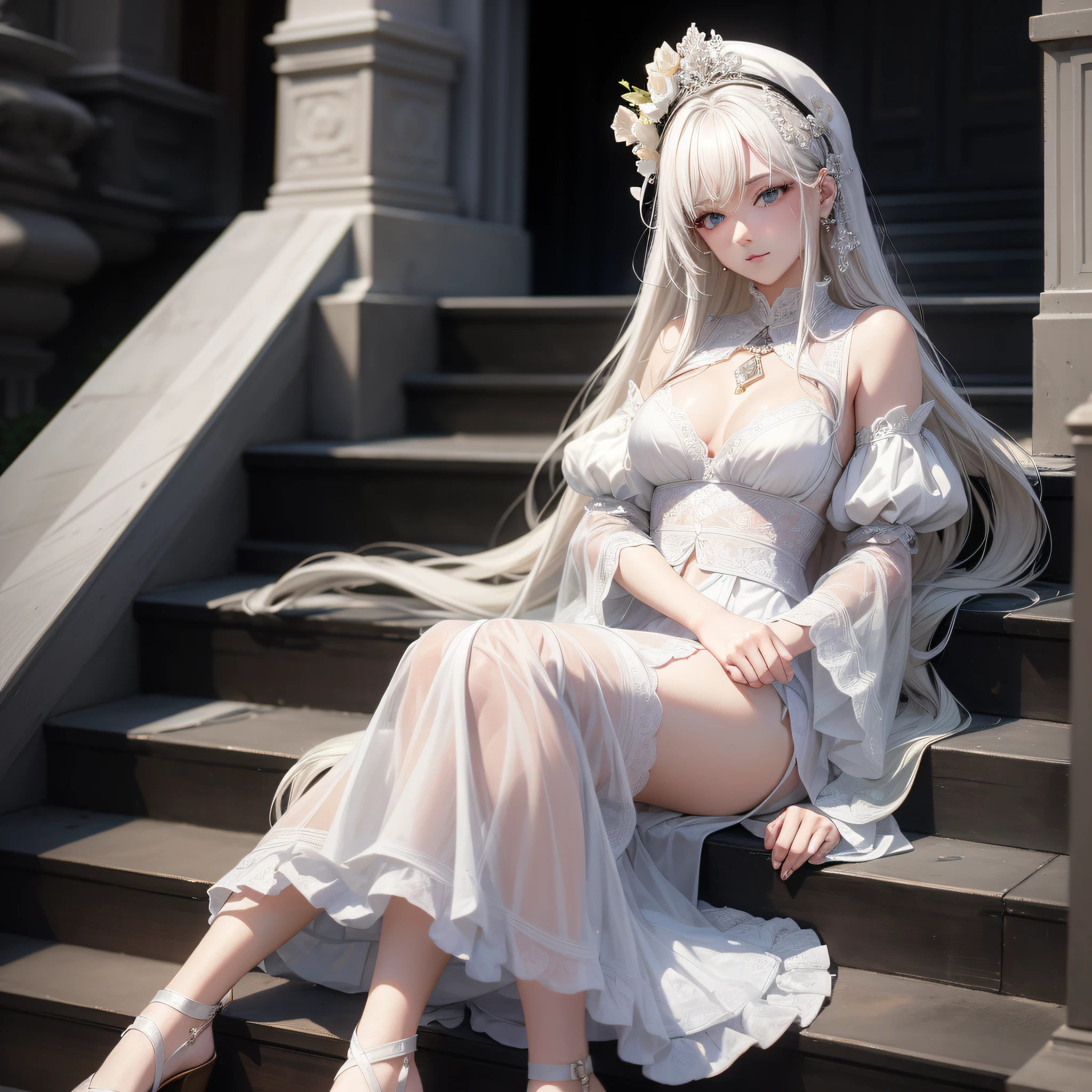 White-haired girl lying on her side on palace steps (best quality: 1.2), (detail: 1.2), (masterpiece: 1.2),