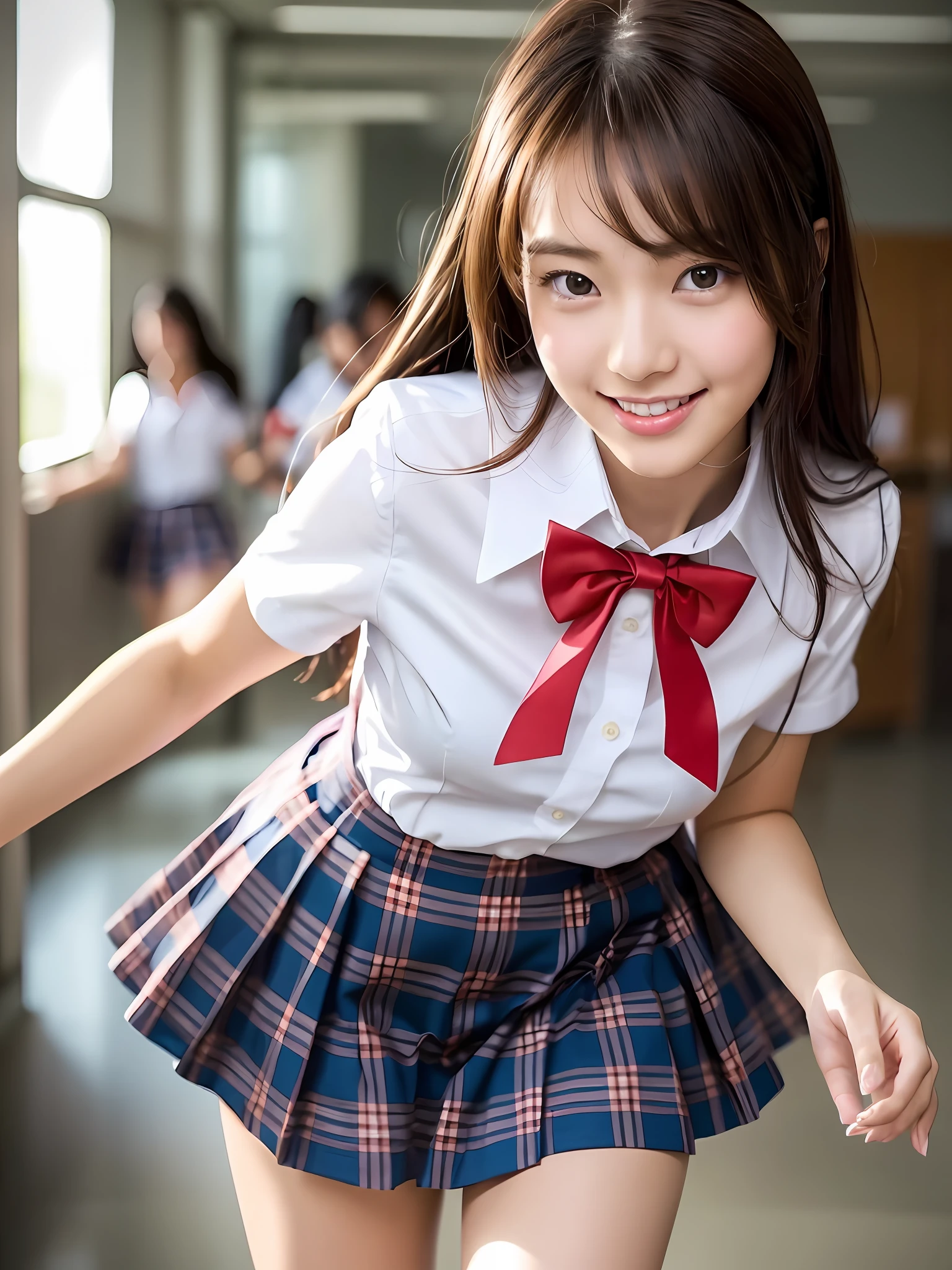 masterpiece, face close up shot, front view, a Japanese young pretty woman, running towards camera down the hallway in the school with big smile, glamorous figure, wearing a short sleeves white collared shirt with a plain shiny red satin bow tie, wearing a blue tartan plaid long length skirt, wearing short length white socks, wearing white and red school shoes, absolutely pretty face, glossy lips, double eyelids in both eyes, Natural makeup, long eyelashes, shiny smooth light brown hair of medium length, asymmetrical bangs, tanned skin, alone in the classroom, a textbook and a note on the desk, head frame, central image, 8K resolution, high detail, detailed hairstyle, Detailed Face, spectacular cinematic lighting, octane rendering, vibrant, hyper realistic, perfect limbs, perfect anatomy