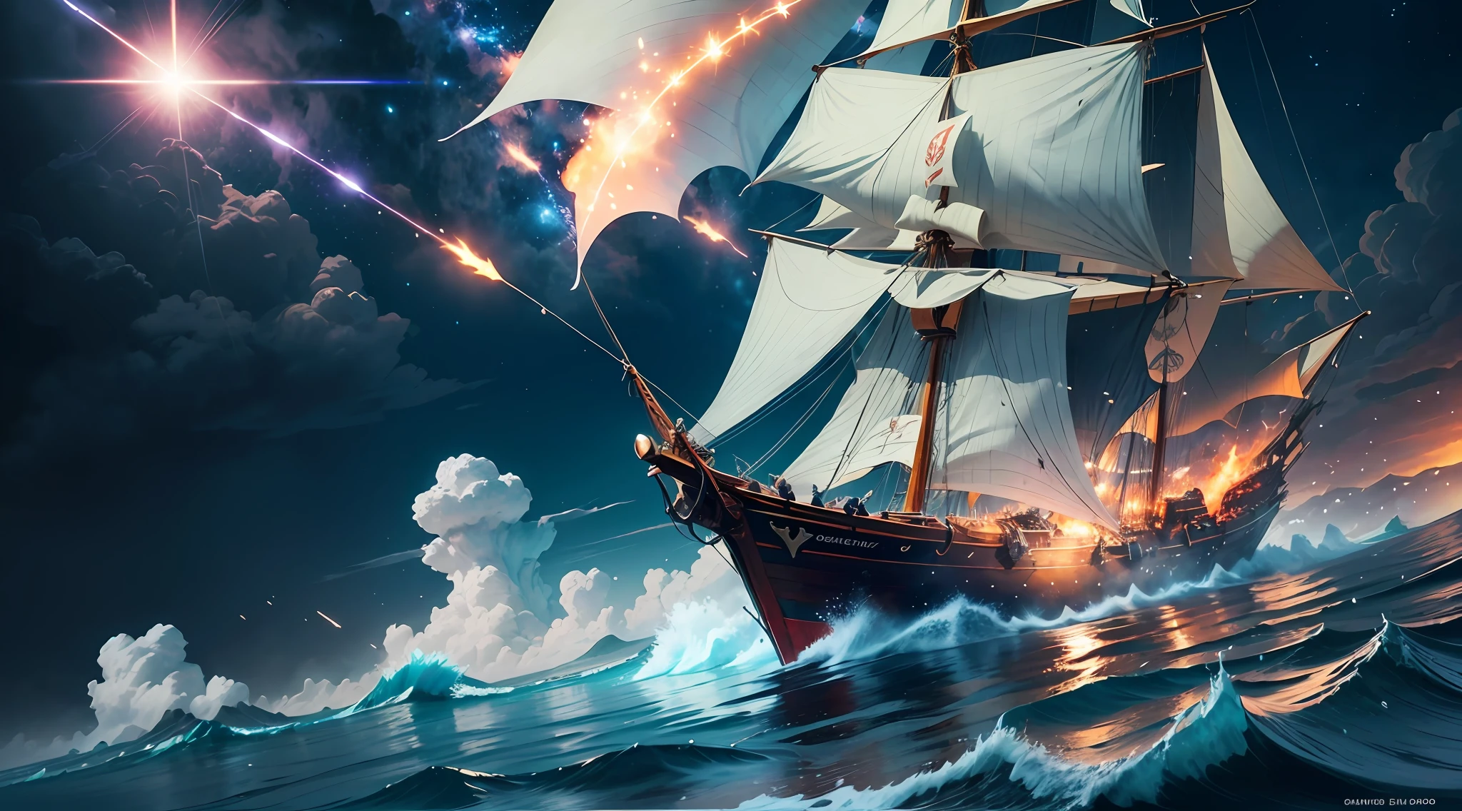 On the left side of the image, there is a caravel boat with three masts and sails. The boat's wooden structure is visible, along with ropes and rigging. On the right side, a meteor is depicted hurtling towards the boat. The meteor has a fiery tail and emits a bright light. The boat appears to be floating on calm waters, while the sky above is filled with dark clouds and sparks caused by the meteor's entry. --auto --s2
