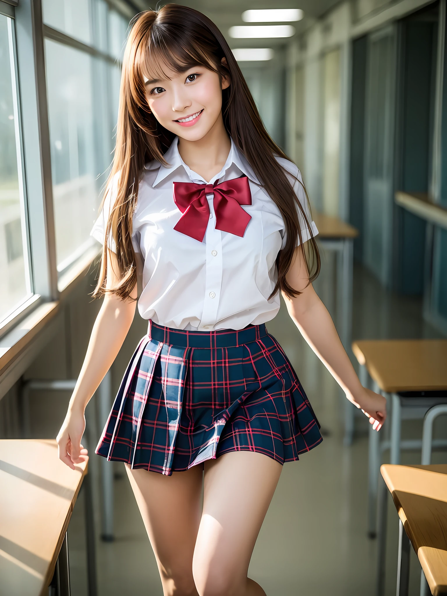masterpiece, face close up shot, front view, a Japanese young pretty woman, running towards camera down the hallway in the school with big smile, glamorous figure, wearing a short sleeves white collared shirt with a plain shiny red satin bow tie, wearing a blue tartan plaid long length skirt, wearing short length white socks, wearing white and red school shoes, absolutely pretty face, glossy lips, double eyelids in both eyes, Natural makeup, long eyelashes, shiny smooth light brown hair of medium length, asymmetrical bangs, tanned skin, alone in the classroom, a textbook and a note on the desk, head frame, central image, 8K resolution, high detail, detailed hairstyle, Detailed Face, spectacular cinematic lighting, octane rendering, vibrant, hyper realistic, perfect limbs, perfect anatomy