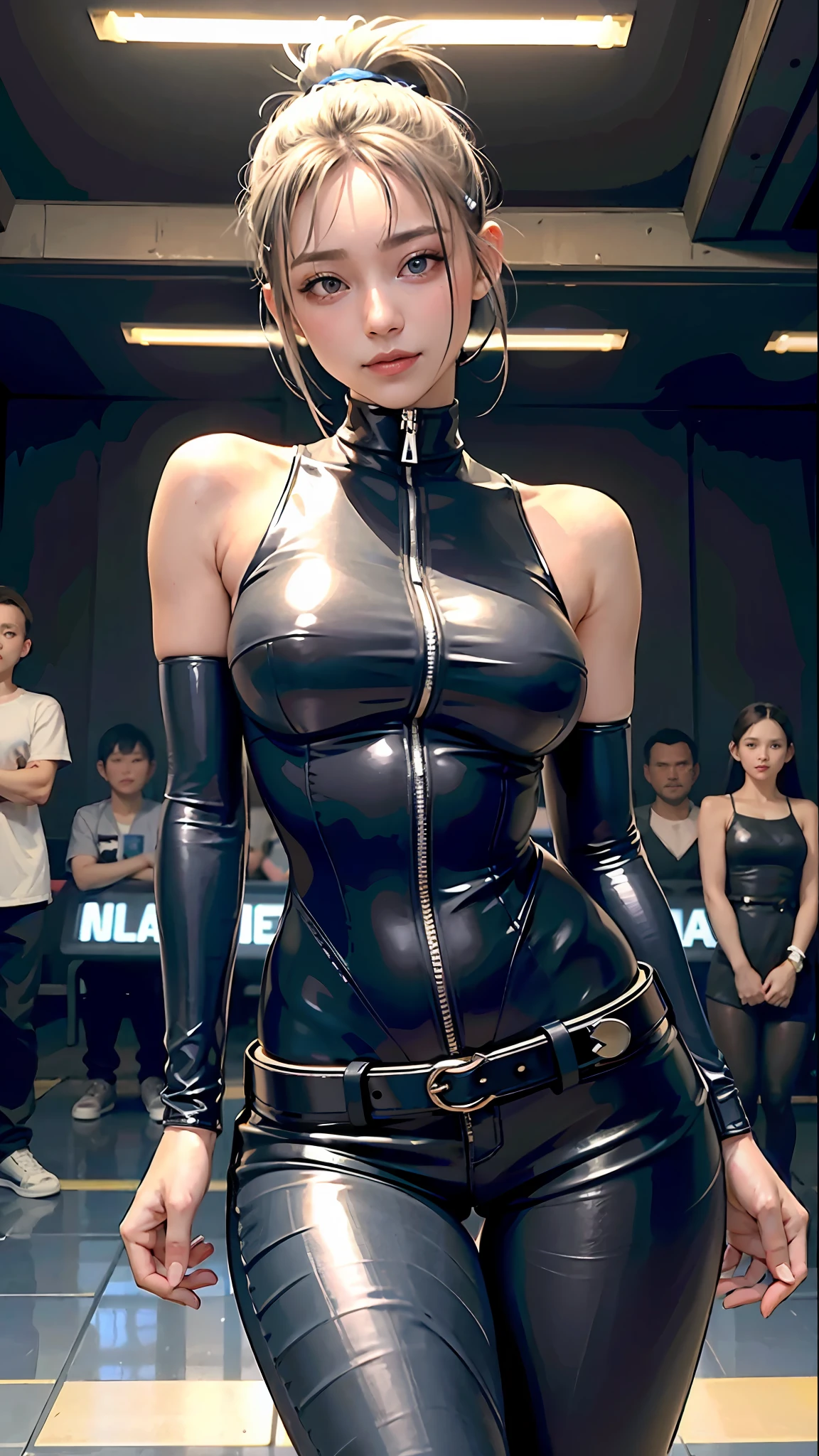 ta, smiling, 20 years old, ((best quality)), ((masterpiece)), (high definition:1.3), 3D, beautiful (cyberpunk:1.3), stylish woman looking at camera black leather clothes, sleeveless, embarrassed, waist skin invisible, blue-black leather pants, silver zipper,belt below the waist,super fine illustration,blond hair , showing forehead, silver center zipper, leather blue black bodysuit, sleevelesblue blacks, shiny, blonde ponytail
