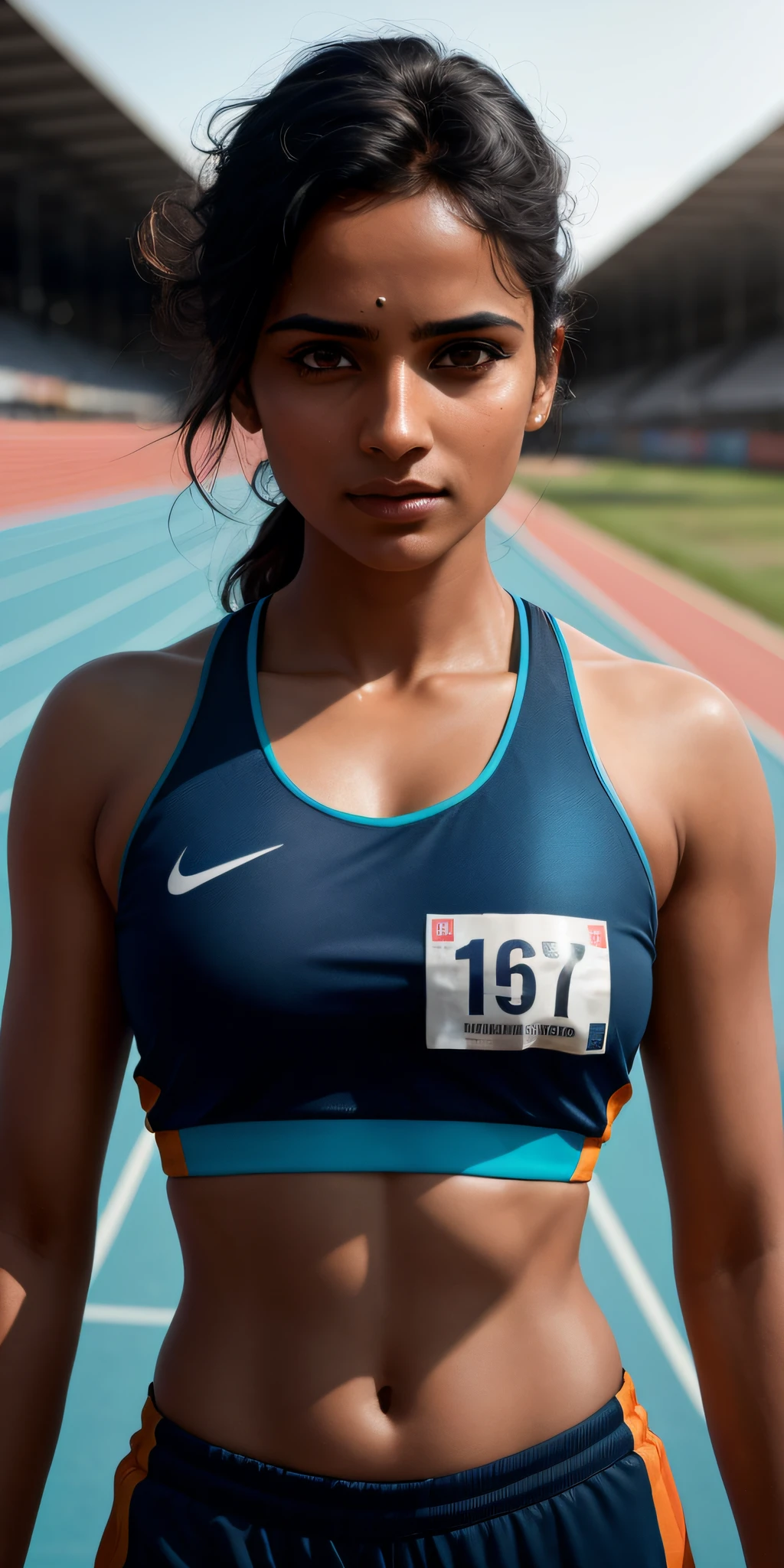 beautiful mature Indian college girl, in track outfit, outside on track field, ((slim, petite)), photorealistic, photo, masterpiece, realistic, realism, photorealism, high contrast, photorealistic digital art trending on Artstation 8k HD high definition detailed realistic, detailed, skin texture, hyper detailed, realistic skin texture, armature, best quality, ultra high res, (photorealistic:1.4),, high resolution, detailed, raw photo, sharp re, by lee jeffries nikon d850 film stock photograph 4 kodak portra 400 camera f1.6 lens rich colors hyper realistic lifelike texture dramatic lighting unrealengine trending on artstation cinestill 800,