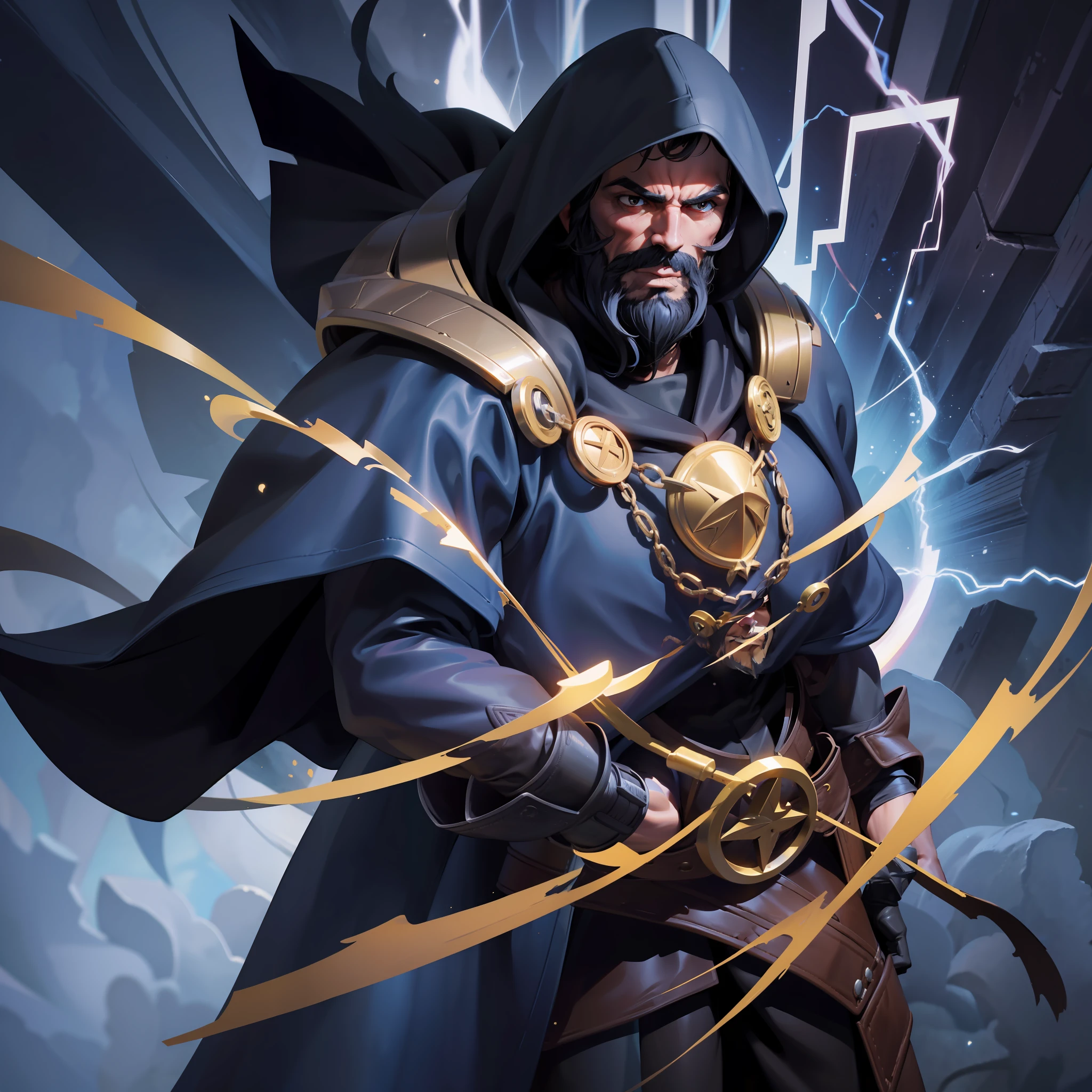 man with big brown beard black cape with a hood covering half of face,strong,muscular,tall,warrior,blue ray particles,thunder,artwork,8k, detailed shading,detailed cover, thunder,blue,blue particle