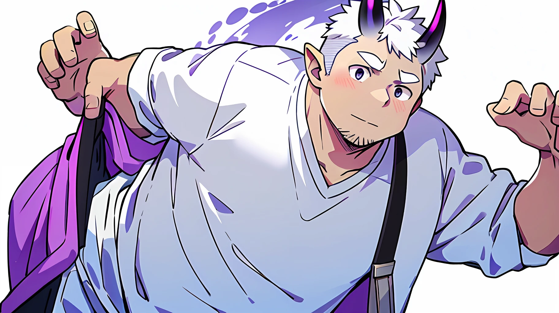 1man,masterpiece best quality, Chubby, Belly, Round face, from front, white hair,, Casual clothes, Simple white background , small black horns, solid purple eyes,