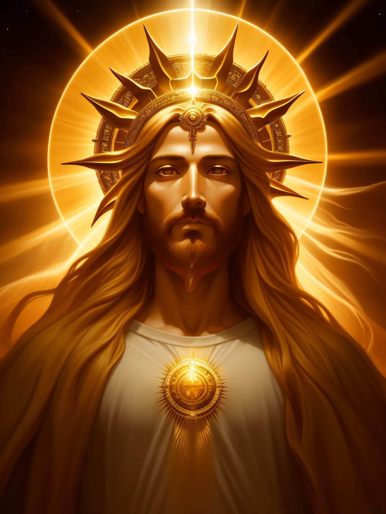 highly detailed portrait of a jesus christ sun god halo of light, gold, unreal engine, art by mark ryden, lostfish, earl norem, global illumination, god rays, detailed and intricate environment, elden ring style