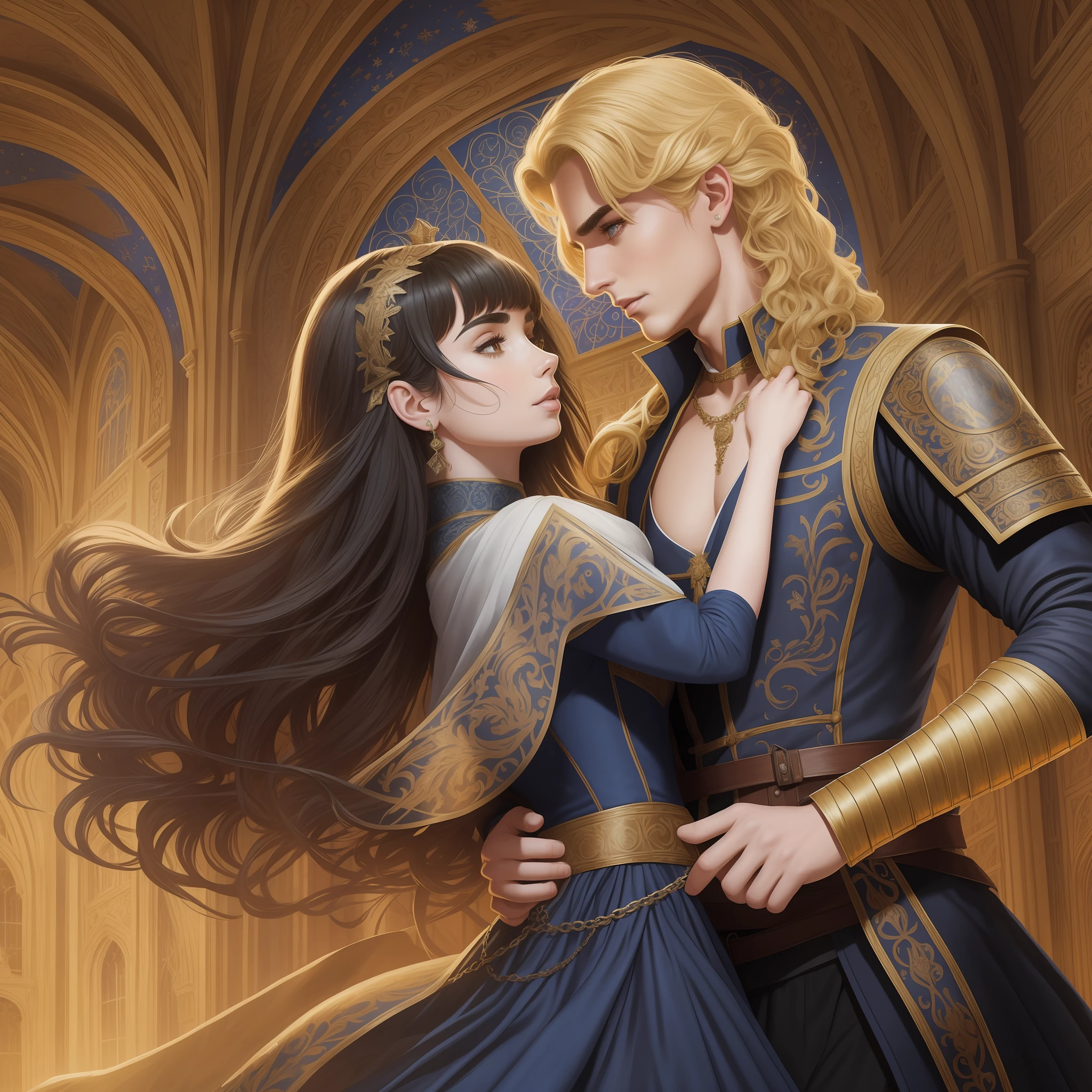Lily Collins, who has curly black hair, wears a medieval dress. the Neels Visser wears a medieval military outfit and has blonde hair. The couple is waltzing in the ballroom. The illustration is like a book cover with a detailed, bright, illuminated, ultra detailed background, concept art, elegant, art by Greg Hildebrandt, Samyang