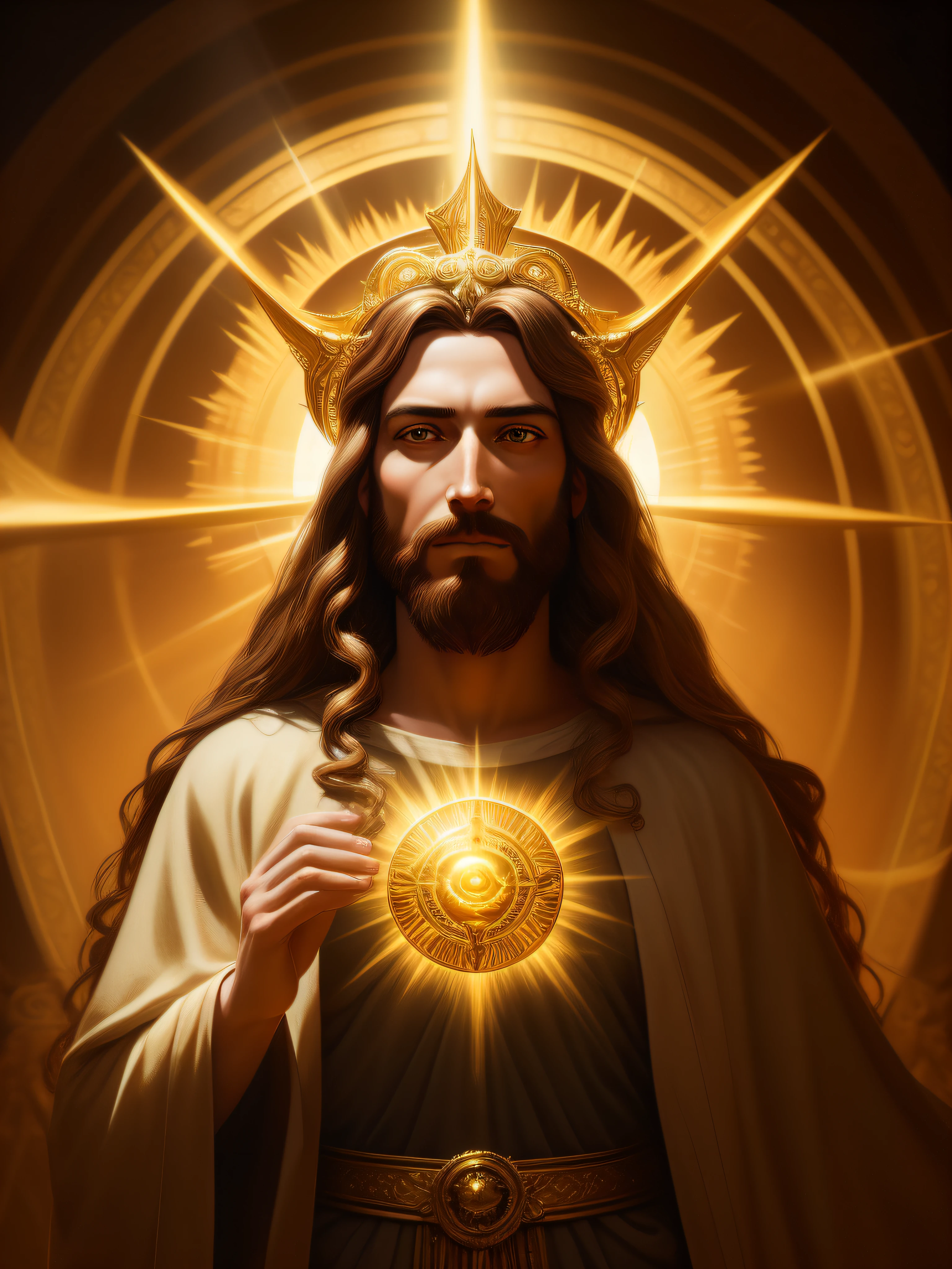highly detailed portrait of a jesus christ sun god halo of light, gold, unreal engine, art by mark ryden, lostfish, earl norem, global illumination, god rays, detailed and intricate environment, elden ring style