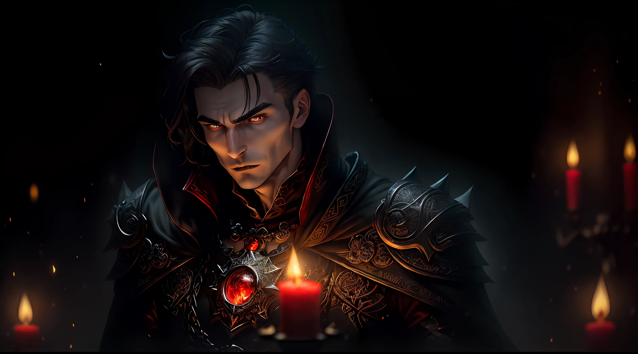 (Full Torso), Style, Realistic, ((Intricate Details)), Full Torso Shot, Cold, Beautiful Lighting, (Vampire), (Male: 2.0), (Brunetize), (Complex), (Carved Skeleton Armor)), (Complex Sharp Obsidian Crown), Dynamic Pose, Windblown Hair, Perfect Face, (Realistic Eyes), Round Iris, (((Red Eyes))), Perfect, Intricate, Complex Eyes, Helios 44-2, ((Dark Gothic background)), (Candlelight), swirling bokeh, art station trend, sharp focus, studio photo, intricate detail, high detail, sharp, dnd character, ((oil on canvas)), perfect lighting, masterpiece, detailed background, artgerm and Greg Rutkowski's art, film lighting, 8K, goatee,