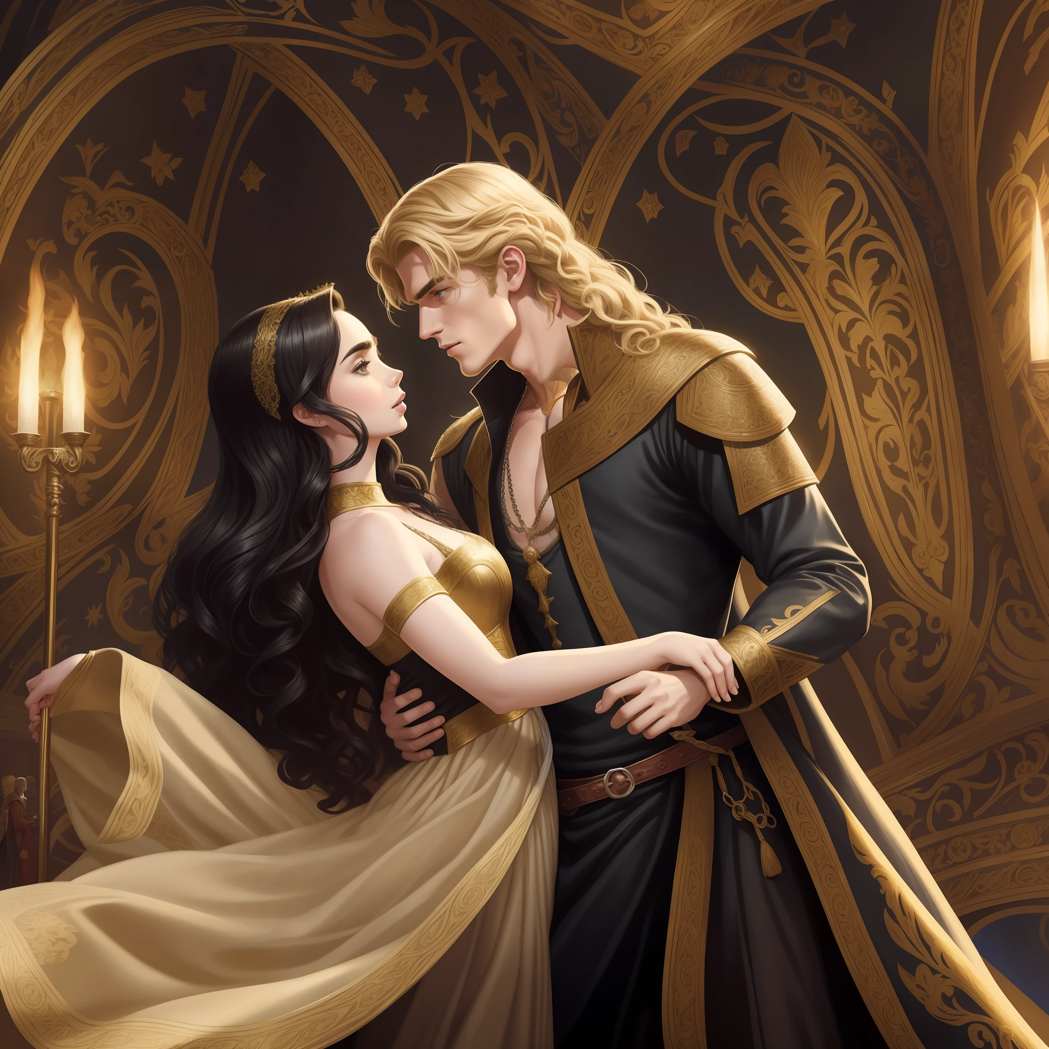 Lily Collins, who has curly black hair, wears a medieval dress. the Neels Visser wears a medieval military outfit and has blonde hair. The couple is waltzing in the ballroom. The illustration is like a book cover with a detailed, bright, illuminated, ultra detailed background, concept art, elegant, art by Greg Hildebrandt, Samyang