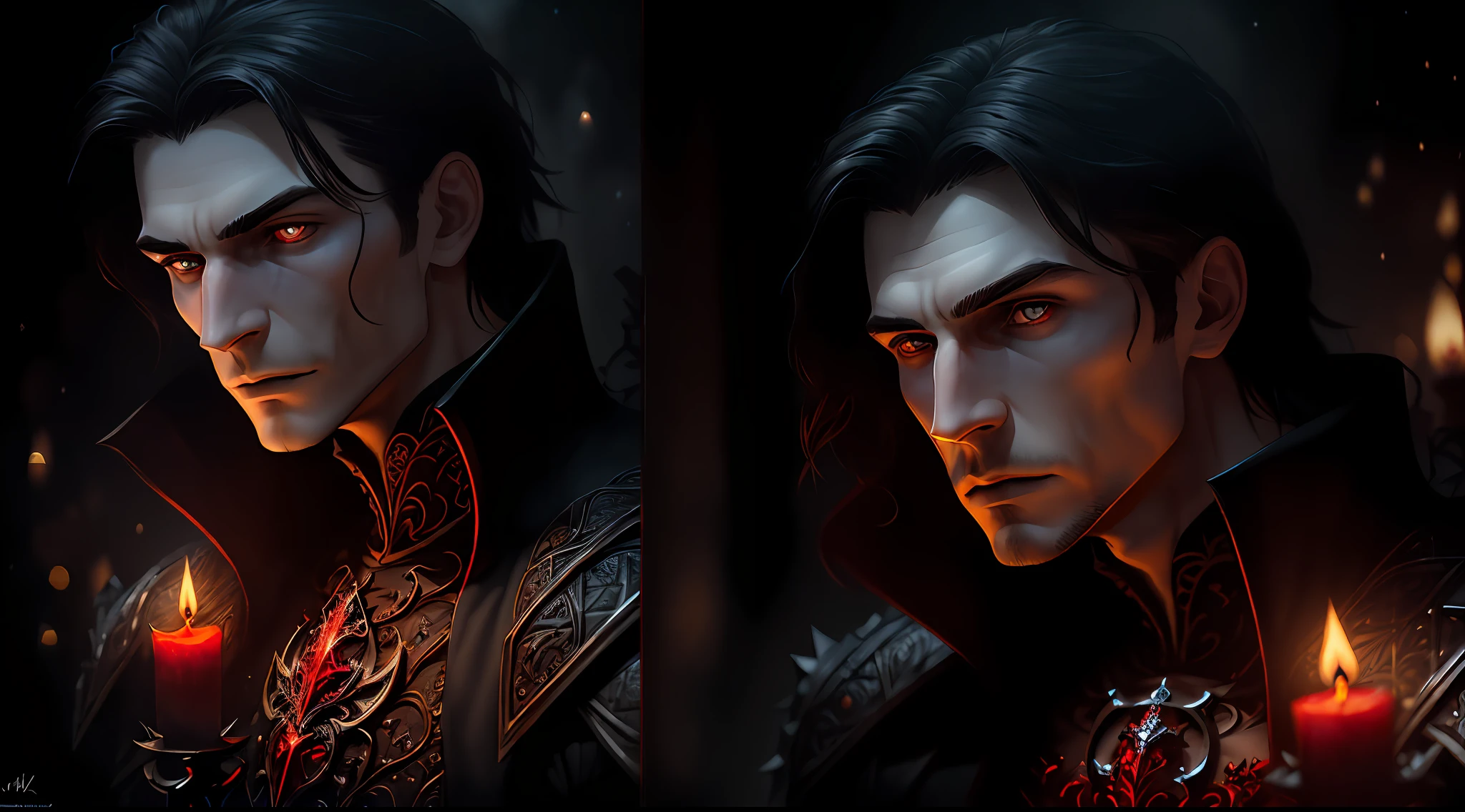 (Full Torso), Style, Realistic, ((Intricate Details)), Full Torso Shot, Cold, Beautiful Lighting, (Vampire), (Male: 2.0), (Brunetize), (Complex), (Carved Skeleton Armor)), (Complex Sharp Obsidian Crown), Dynamic Pose, Windblown Hair, Perfect Face, (Realistic Eyes), Round Iris, (((Red Eyes))), Perfect, Intricate, Complex Eyes, Helios 44-2, ((Dark Gothic background)), (Candlelight), swirling bokeh, art station trend, sharp focus, studio photo, intricate detail, high detail, sharp, dnd character, ((oil on canvas)), perfect lighting, masterpiece, detailed background, artgerm and Greg Rutkowski's art, film lighting, 8K, goatee,