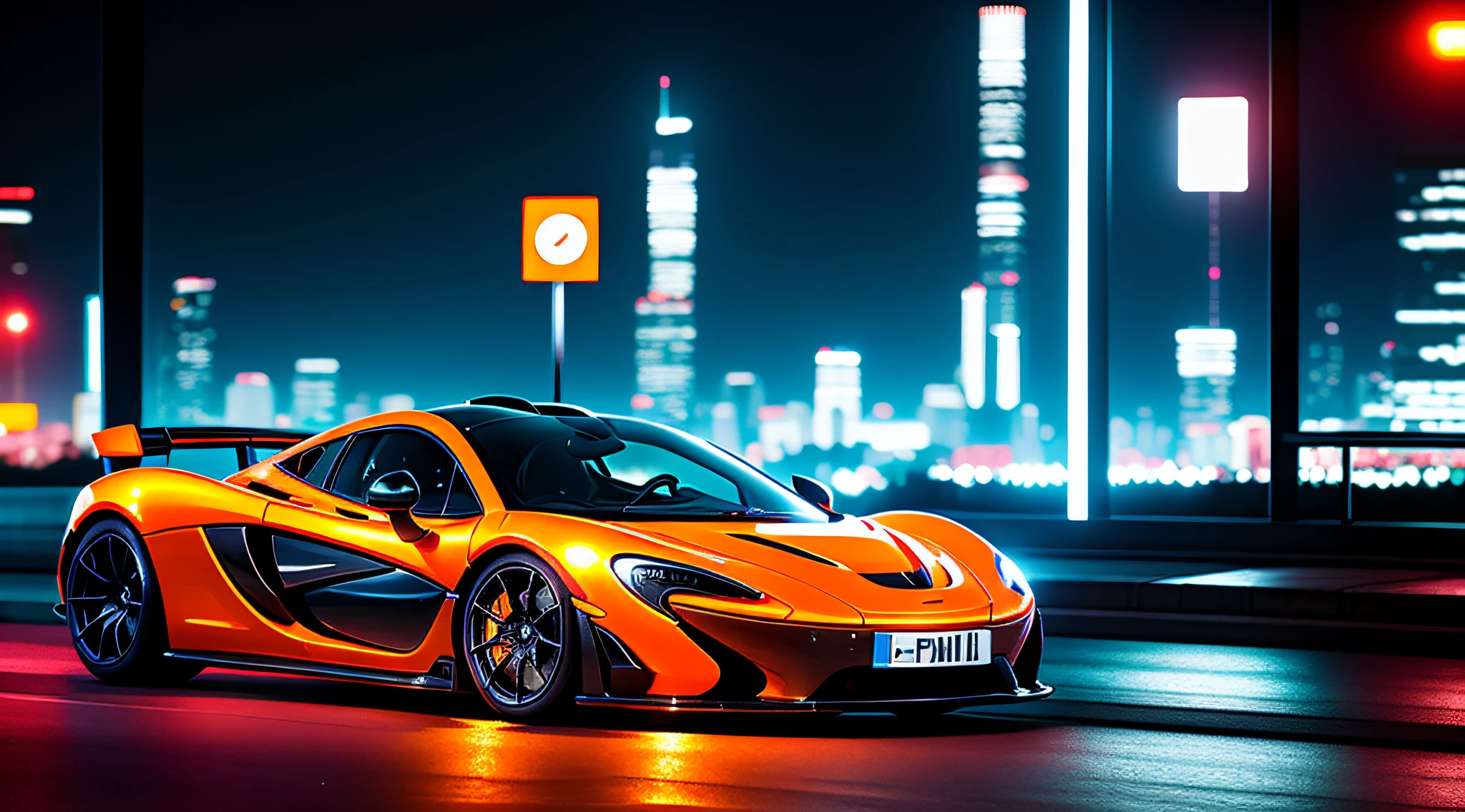 The orange McLaren P1 weaves through the night, its headlights reflecting off the glass and steel of the cyberpunk city.