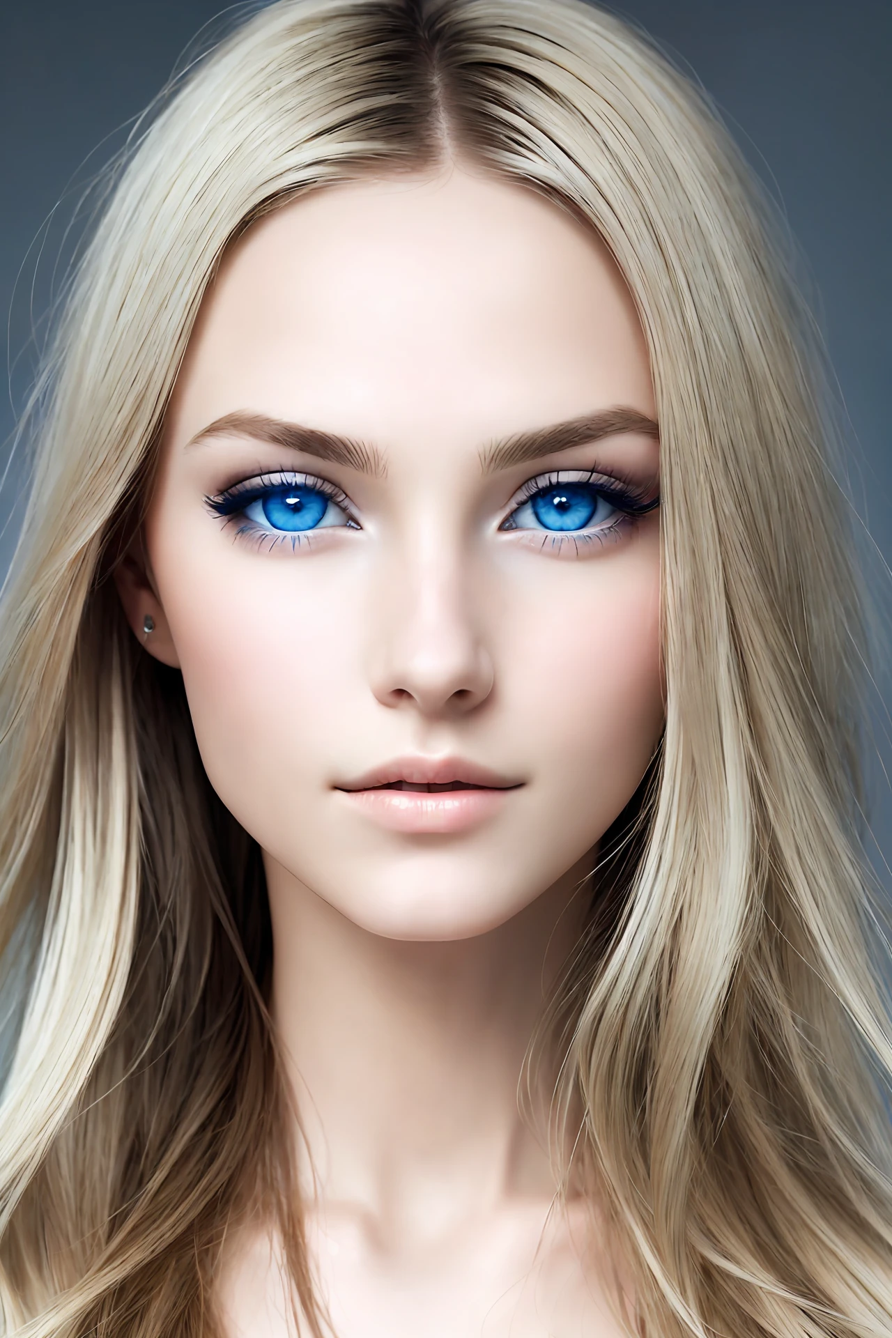Create an image of a young woman with blue eyes, dark wavy blonde hair