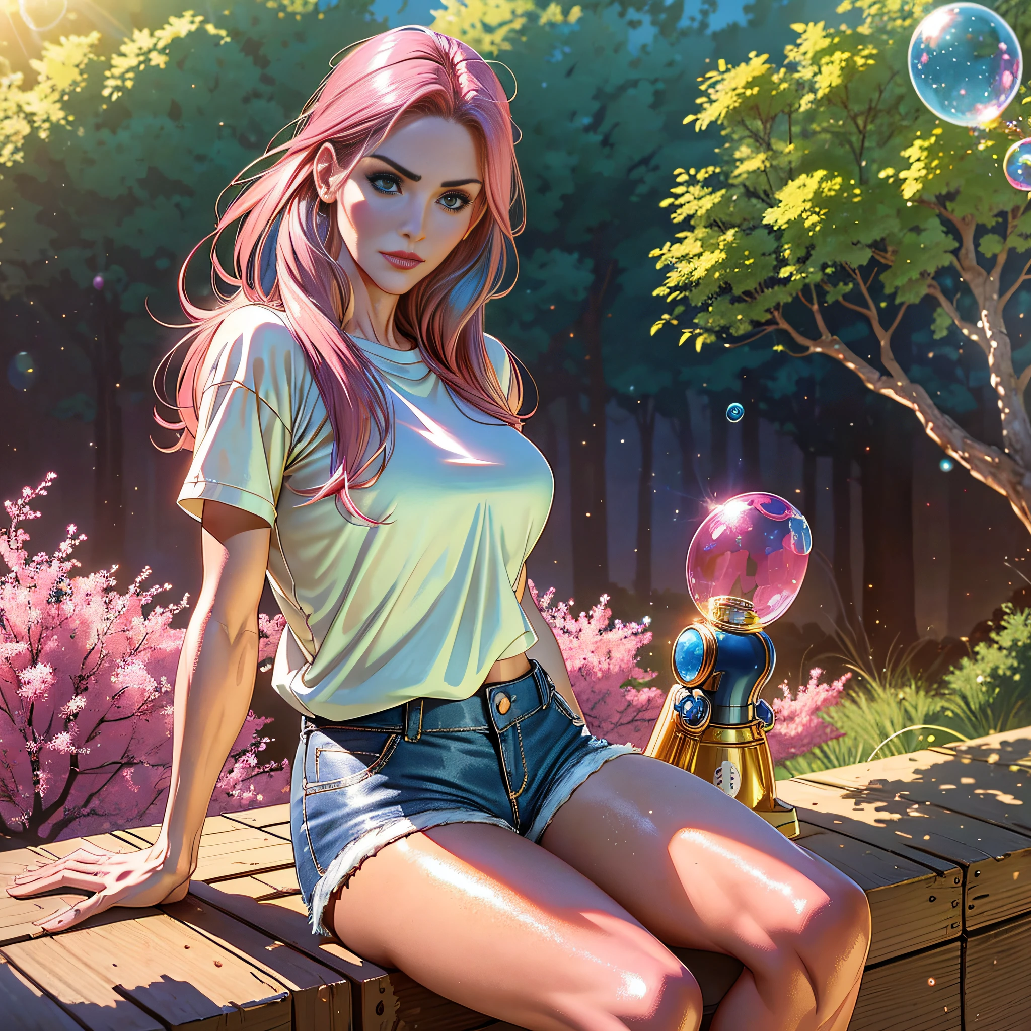 Golden hour, Courteney Cox with an outfit made of leather, pink haired, bright blue eyes, clouds, shorts shorts, trees, Japanese street, soap bubbles