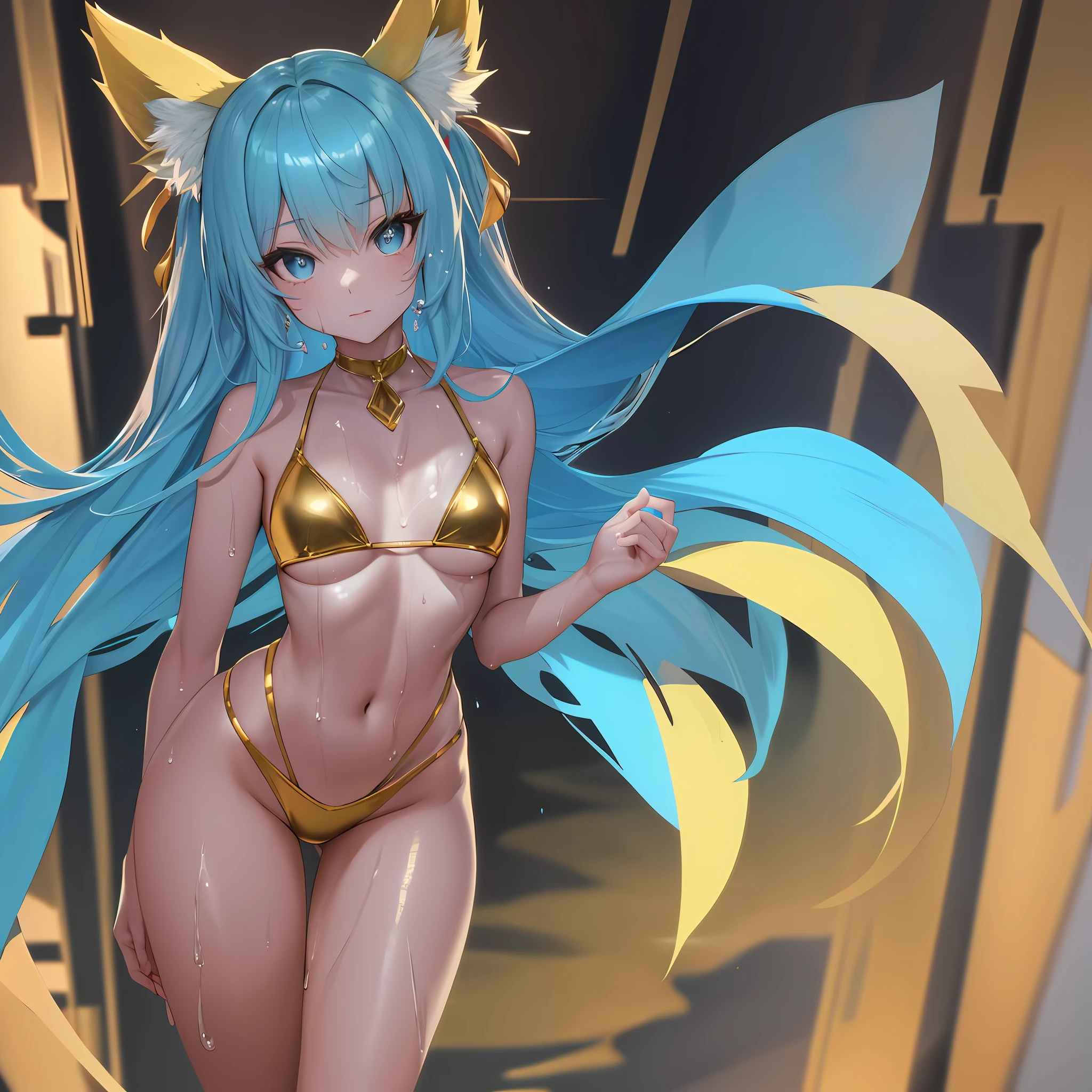 small breast, bikini, beautiful, masterpiece, very shiny body, bright colors, simple background, perfect lighting, perfect shadows, perfect eyes, perfect hair, perfect body, looking at the viewer, wet, standing, slim, standing with your back to the viewer, wet, best quality, detailed image, colorful, gorgeous body, hourglass body, standing your booty right towards the viewer, standing backwards, incredibly shiny body, one girl, one character, solo, 1girl, beautiful, masterpiece, simple background, best quality, detailed image, colorful, bright colors, detailed face, perfect lighting, perfect shadows, perfect eyes, girl focus, perfect hair, flawless face, gorgeous body, hourglass, shiny body, 1girl, solo, center focus, fox ears, fox girl, looking at the viewer, sweat, wet, incredibly shiny body