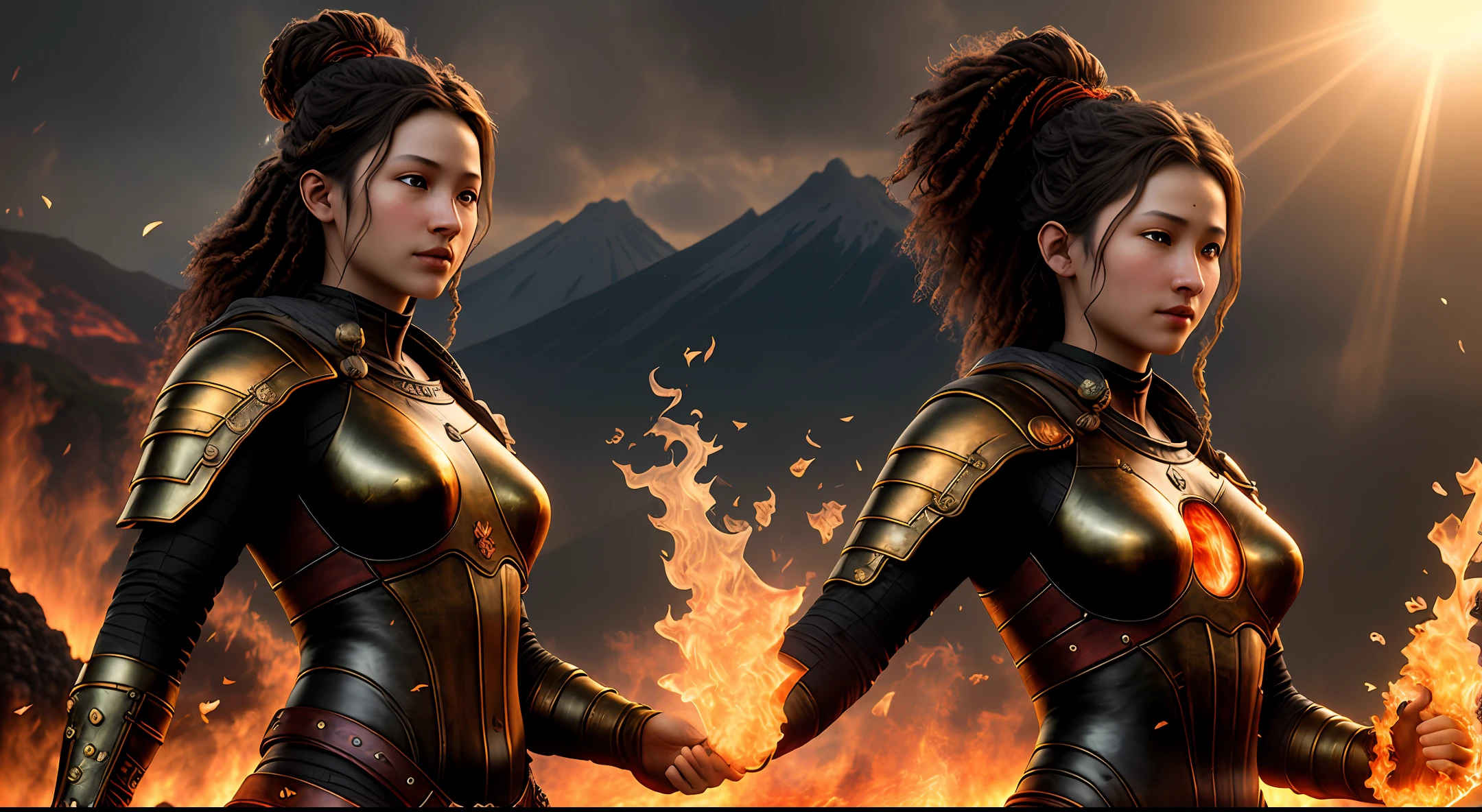 (Realistic: 1.3), Detailed, Quality, Rembrandt Lighting, (Masterpiece: 1.2), (Photorealistic: 1.2), (Best Quality), (Detailed Skin: 1.3), (Complex Detail), Dramatic, Ray Tracing, One Girl, Goddess of Fighting, Goddess of Fire, Medium, (Volcano, Lava, Magma, Sun, Starlight, Mountain)