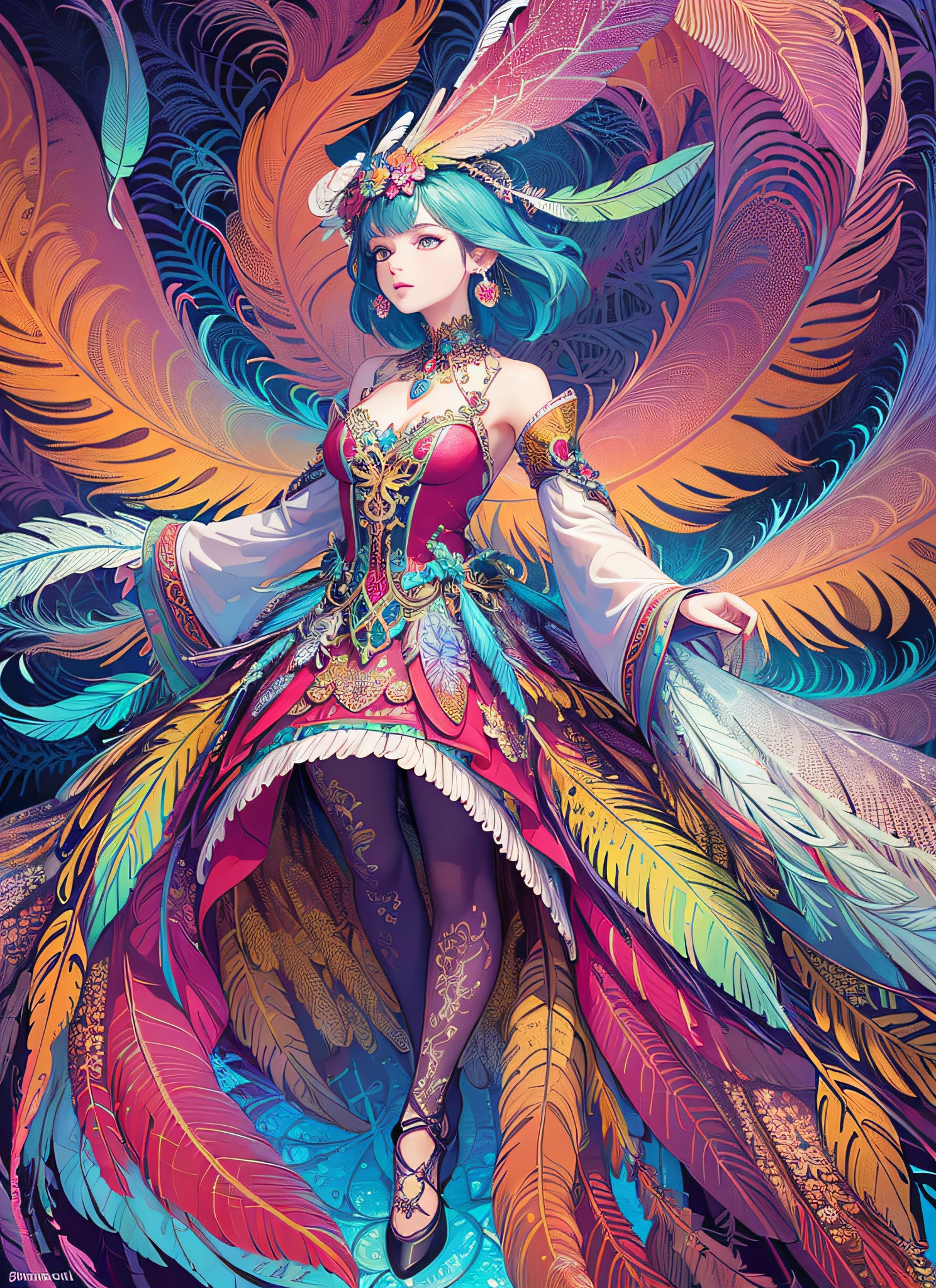 (masterpiece, top quality, best quality, official art, beautiful and aesthetic:1.2), (1girl:1.3), extremely detailed,(fractal art:1.1),(colorful:1.1)(flowers:1.3),highest detailed,(zentangle:1.2), (dynamic pose), (abstract background:1.3), (many colors:1.4), ,(earrings), (feathers:1.5)