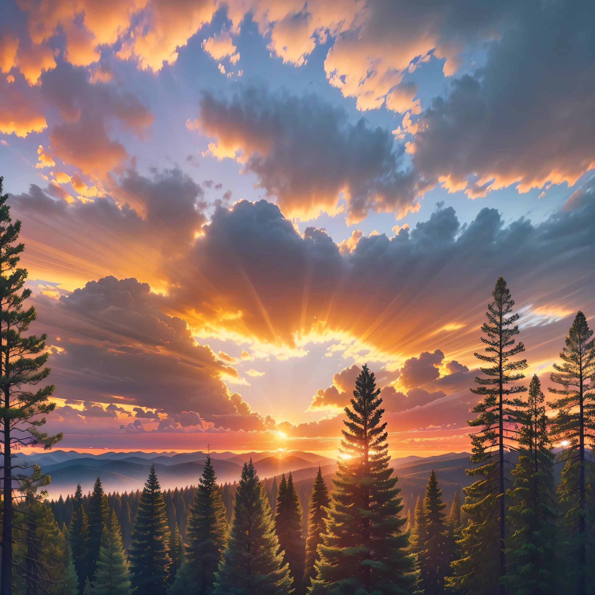 a view of a sunset with a tree in the foreground, beautiful pine tree landscape, sunset view, summer evening, by Alexander Bogen, evening sunset, morning golden hour, absolutely outstanding image, setting in nature, beautiful, at sunset, during a sunset, beautiful image, sunset light, pine tree, by Aleksander Gierymski, shining golden hour --auto --s2