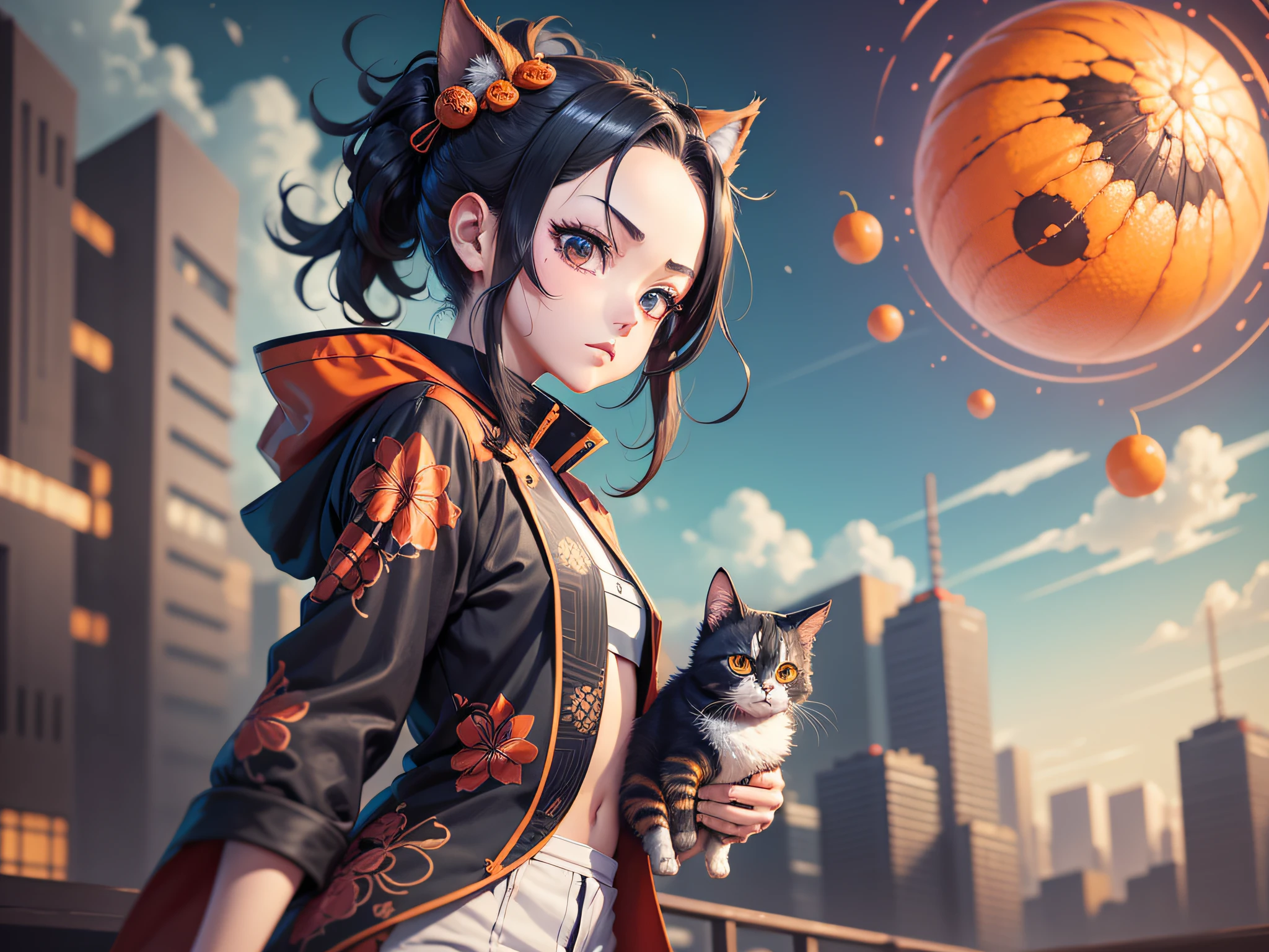 (masterpiece), (good anatomy) (best quality) Tanjiro Kamado-style anime character from Kimetsu no yaiba in cyber punk outfit Holding an orange kitten looking into camera --auto --s2