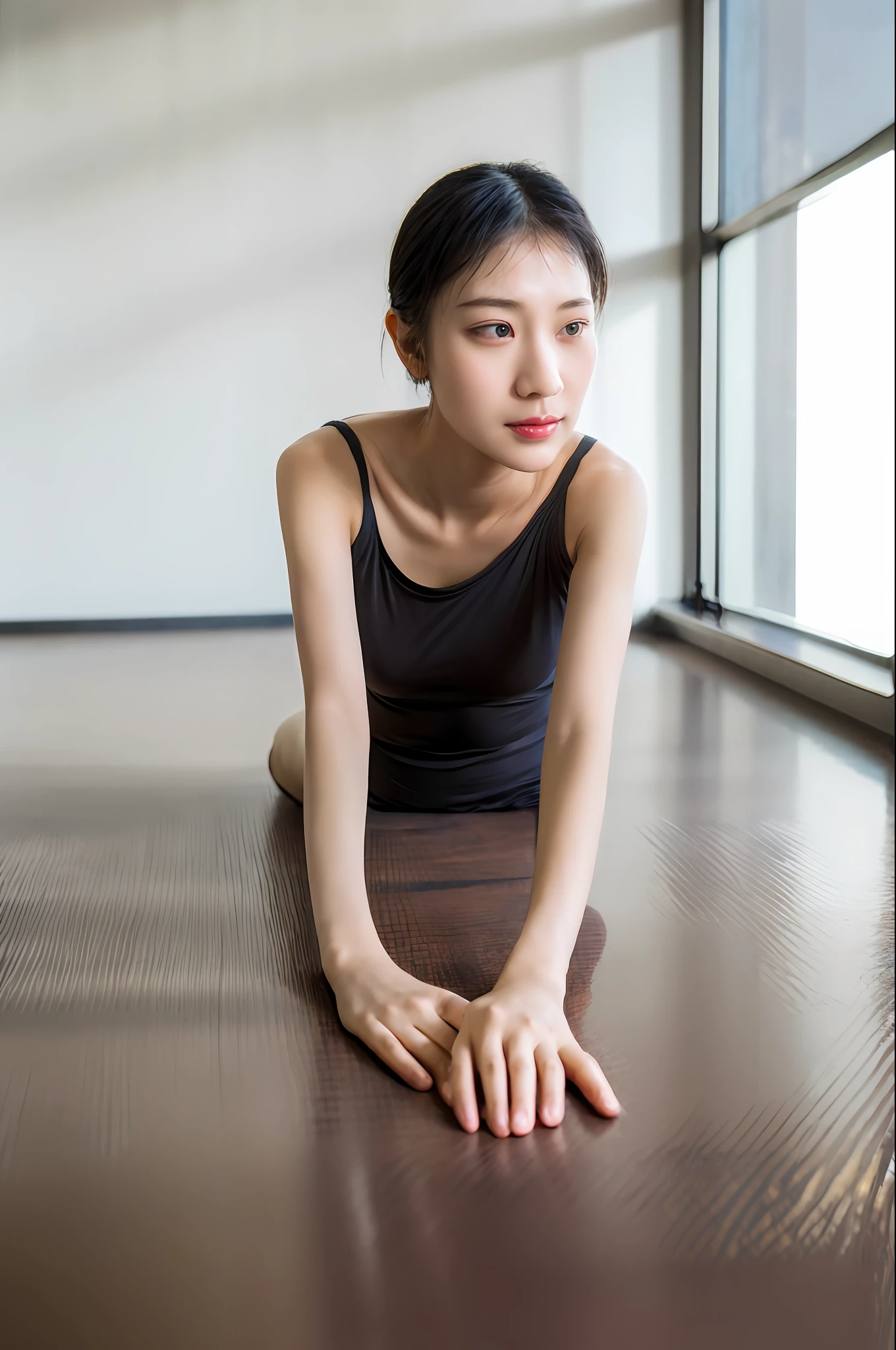 official art, Unity 8k wallpaper, super detailed, (realistic:1.2), beautiful and beautiful, beautiful, masterpiece, best quality, 1 girl ,empty, (shengti:1.3), solo, looking at the audience, full body, dance, gym, eyes closed, tongue sticking, dance moves,
