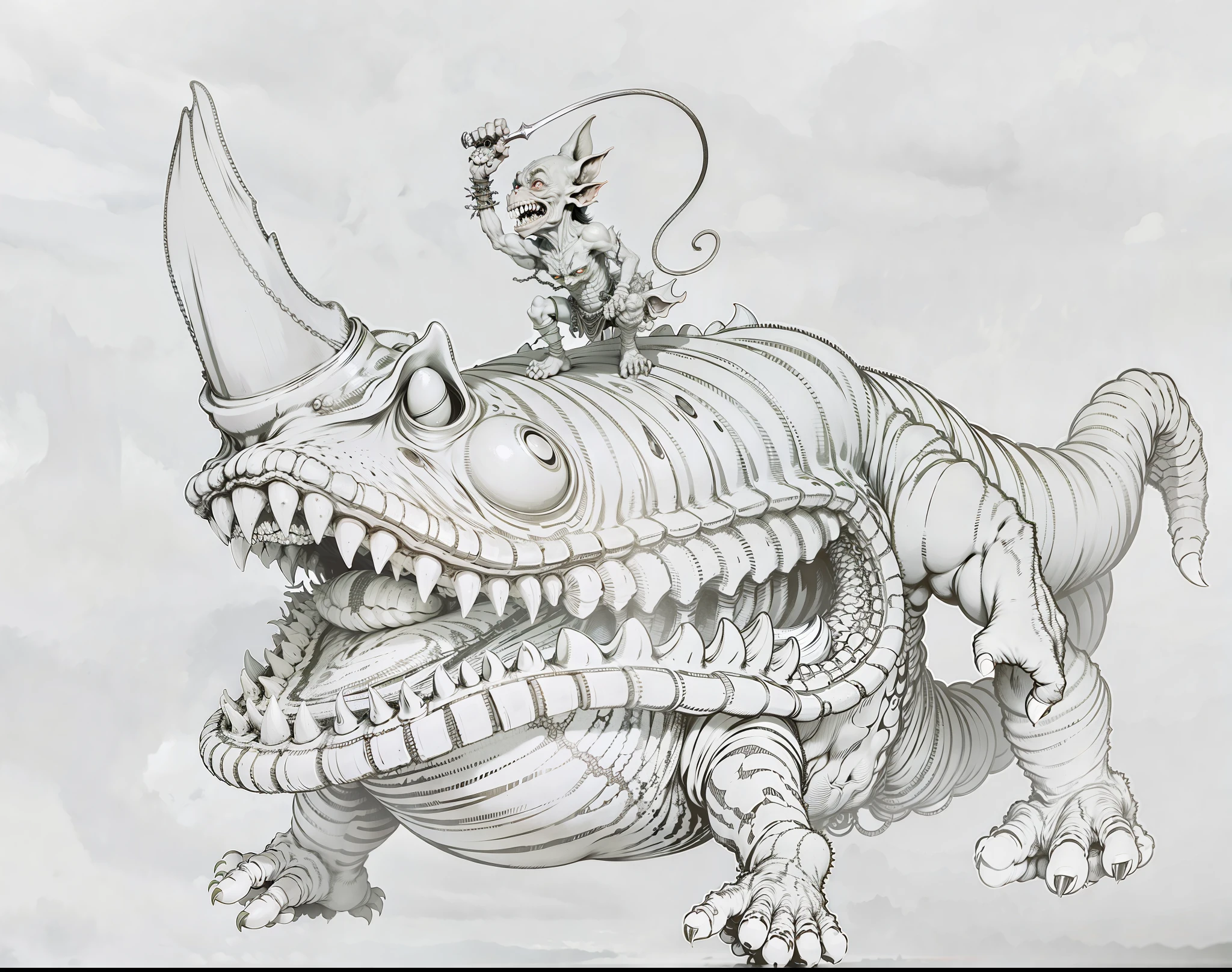 High quality, a goblin standing on a giant monster, goblin with whip, 8K, realism, correct ???????, perfect limbs, perfect fingers, background blur, ray tracing