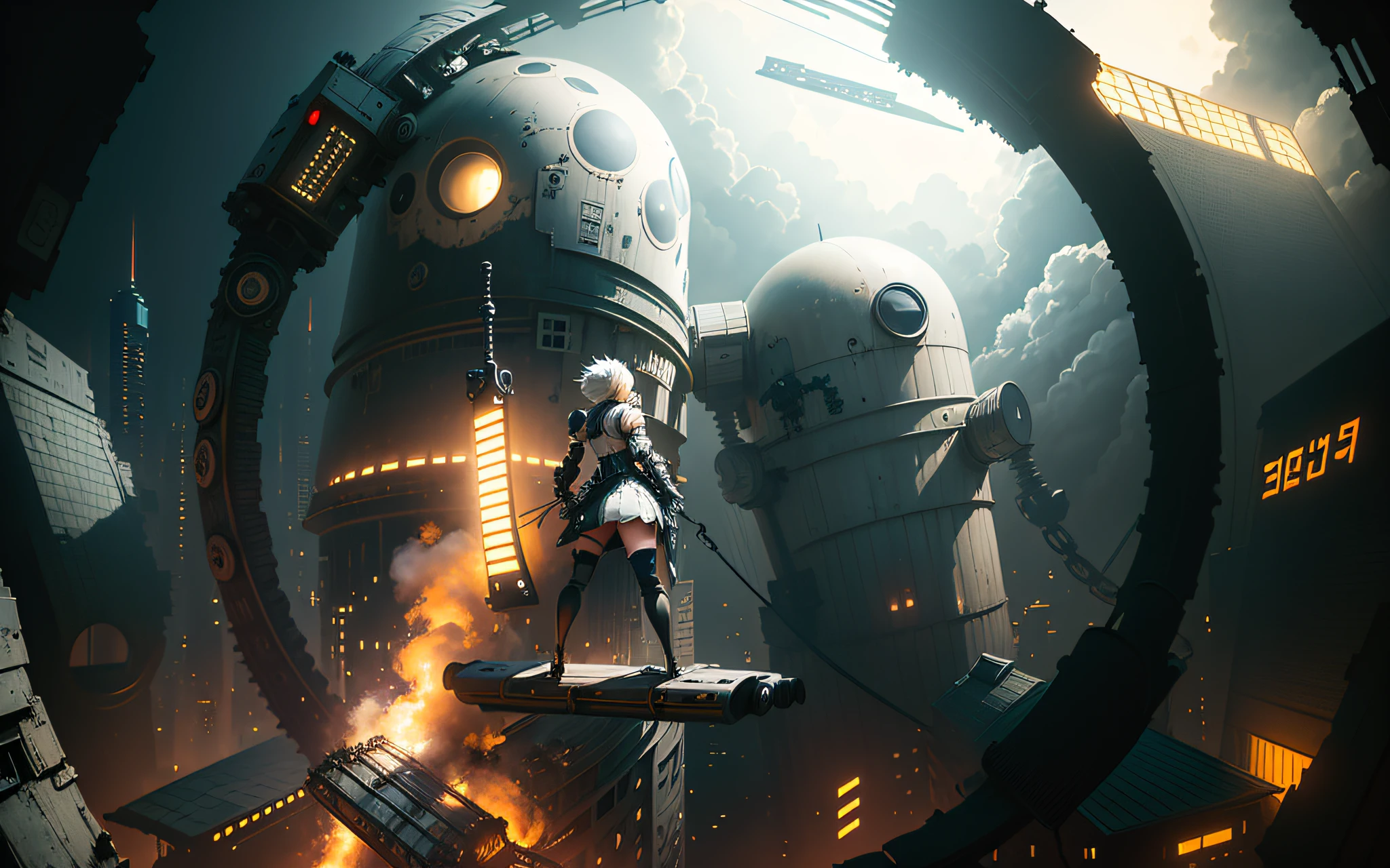a black and white photo of a man riding a roller coaster, nier automata spaceship style, film still of 2b nier automata, nier automata concept art, nier automata concept artsyle, nier:automata inspired, nier : automata inspired, depicted as a scifi scene, yoko taro, nier, inspired by Oskar Schlemmer, nier 2 b