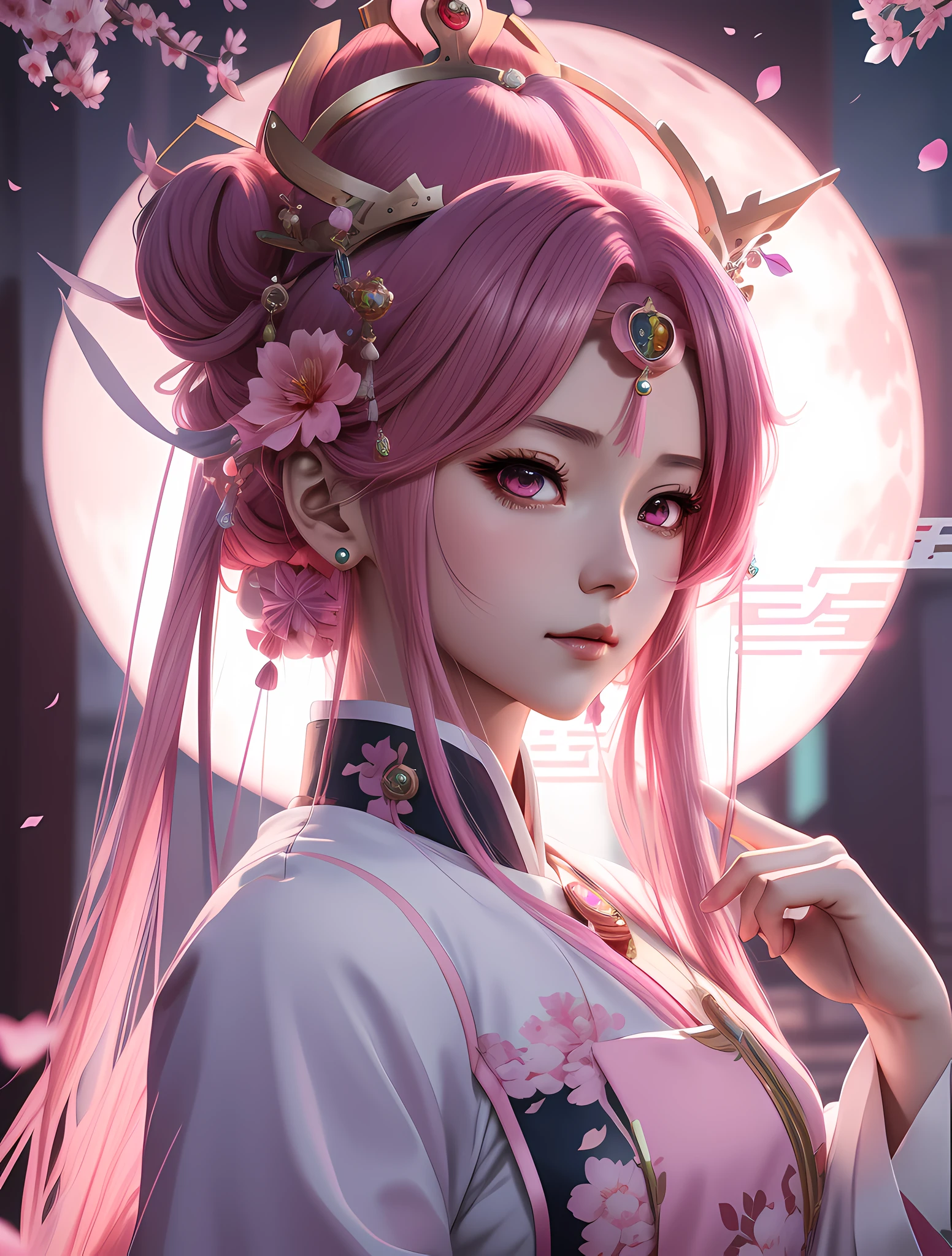 anime girl with pink hair and a crown in front of a pink moon, artwork in the style of guweiz, palace ， a girl in hanfu, trending on cgstation, 8k high quality detailed art, guweiz, a beautiful fantasy empress, anime style 4 k, detailed digital anime art, realistic anime 3 d style, smooth anime cg art