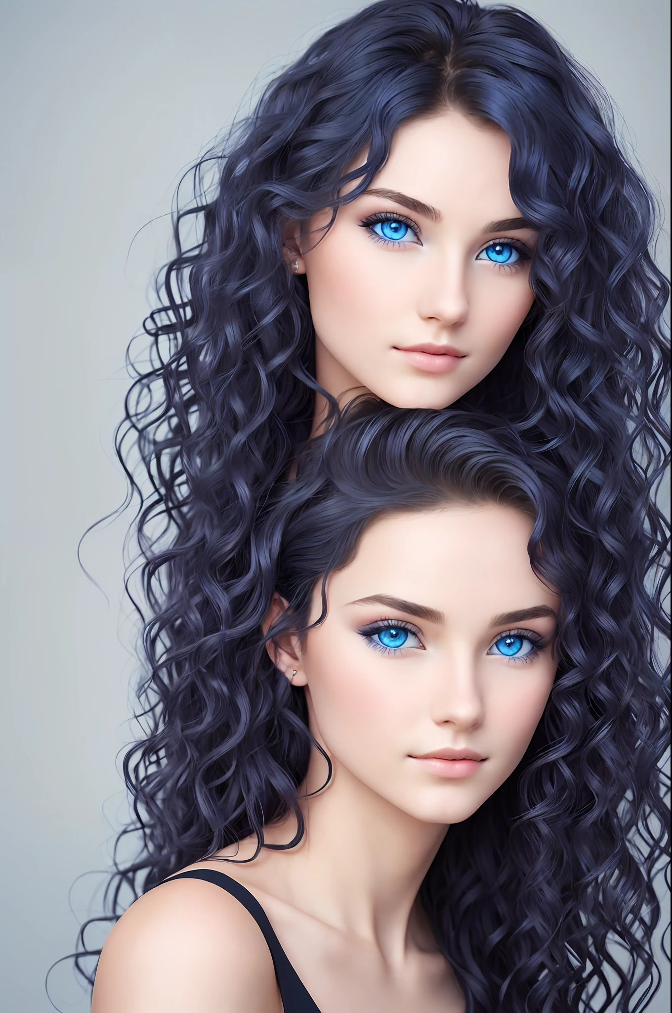 Create an image of a young woman with blue eyes and wavy hair
