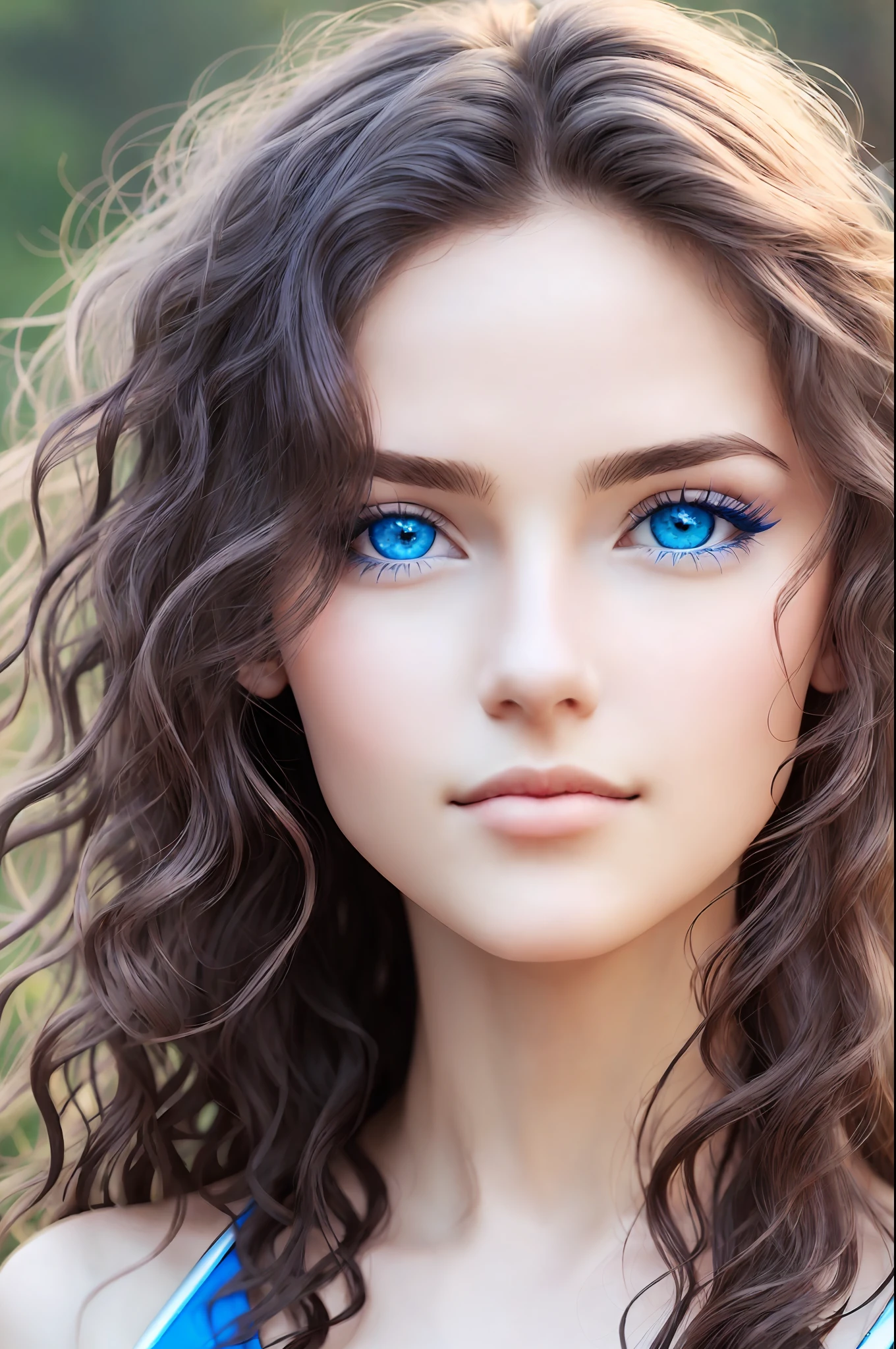 Create an image of a young woman with blue eyes and wavy hair