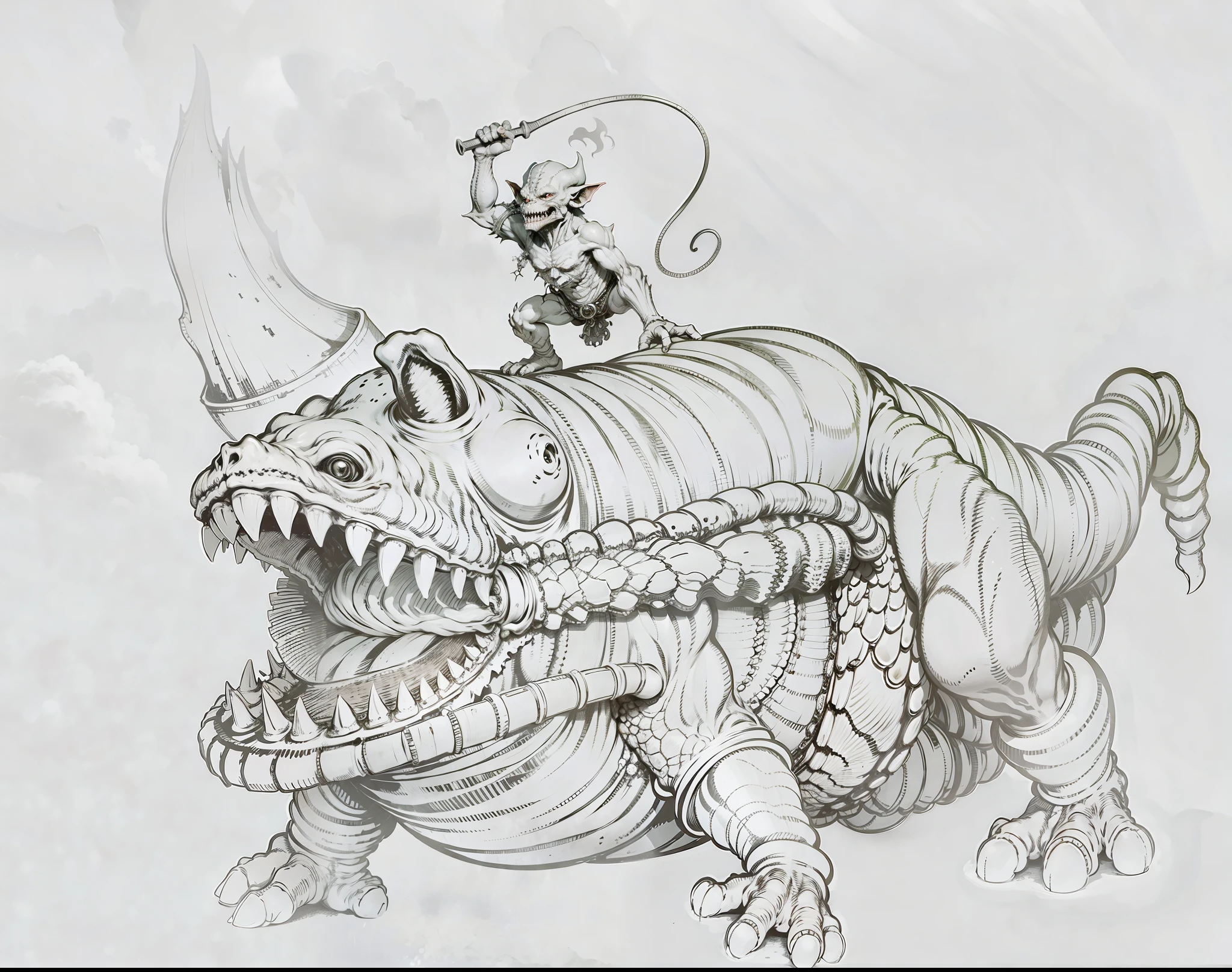 High quality, a goblin standing on a giant monster, goblin with whip, 8K, realism, correct anatomy, perfect limbs, perfect fingers, background blur, ray tracing