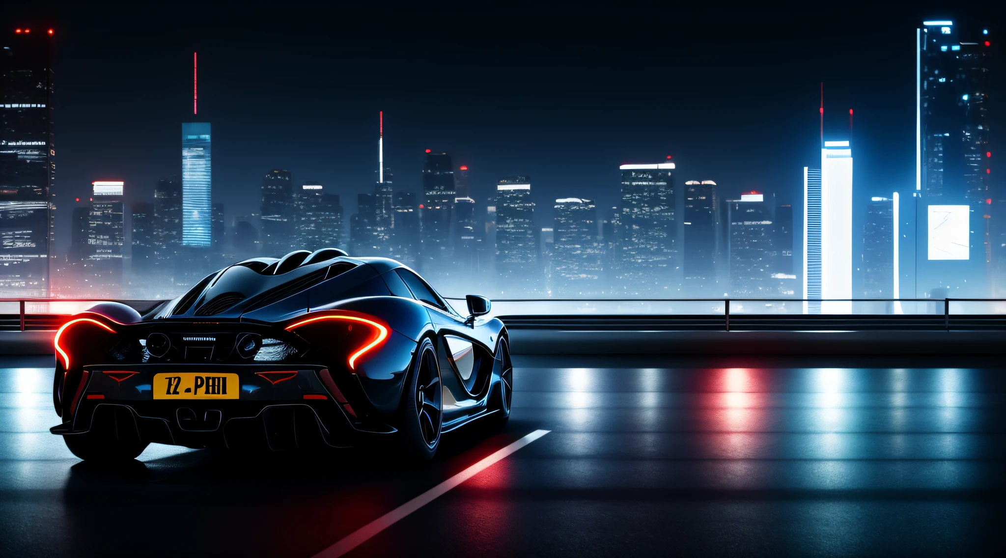 The McLaren P1 vermnelha goes through the night, with the headlights reflecting the glass and steel of the cyberpunk city.