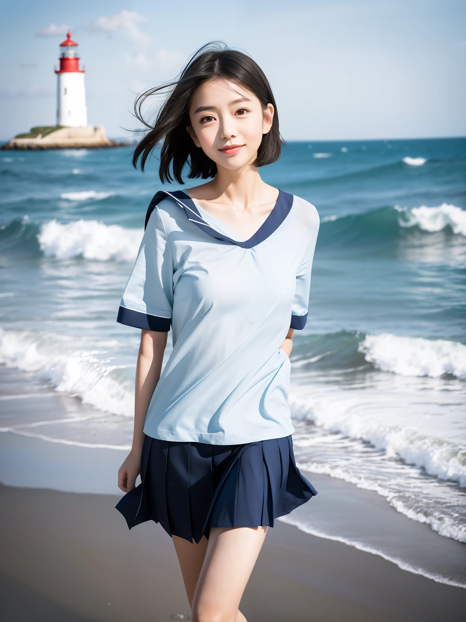 Coastal beauty, 1 girl, (short hair), school uniform, (big eyes, thin face, white skin, carefree expression), beach background, lighthouse, soft sea breeze, playful pose, dynamic composition, blurred background, rich colors, fine details, 50mm lens, relaxed atmosphere. Portrait photography, 35mm film, natural blur beautiful and clear eyes, simple blurred background, extreme detail description, beautiful, charming, super fine painting, delicate face, delicate figure, fine collarbone, cute lips, slender legs, standing full body photo, happy faint smile, (8k, RAW photo, best quality, masterpiece: 1.2), (realistic, photorealistic photo: 1.37)