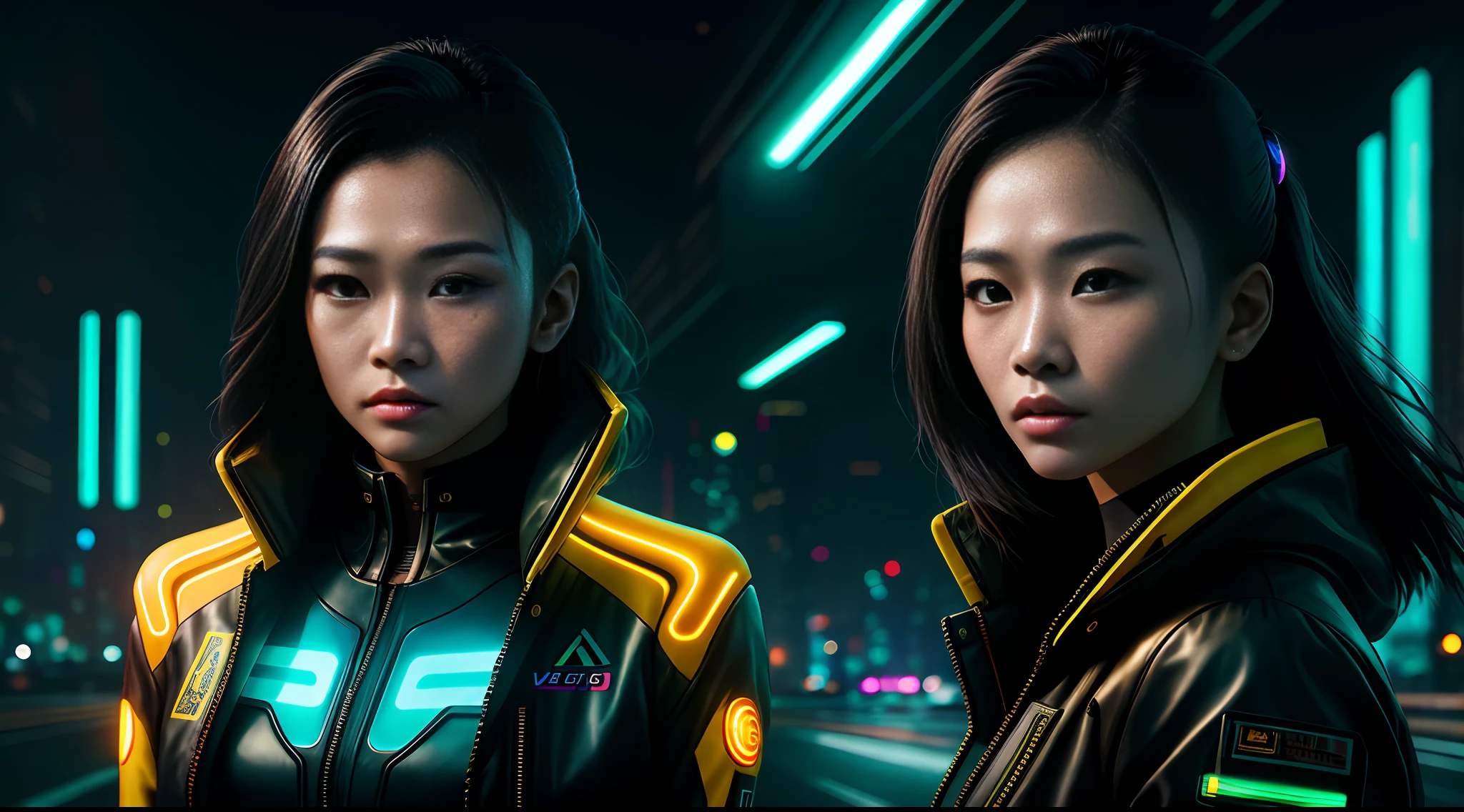 cyberpunk portrait photography, beautiful young thai woman looking off camera in glowing futuristic jacket, super realistic face, eyes visible through hair, proper eye position, natural skin, soft light, rim light, hips, in road side, detailed background, intricate , highly detail, octane render, HD, 8k, by Annie Leibovitz,120mm