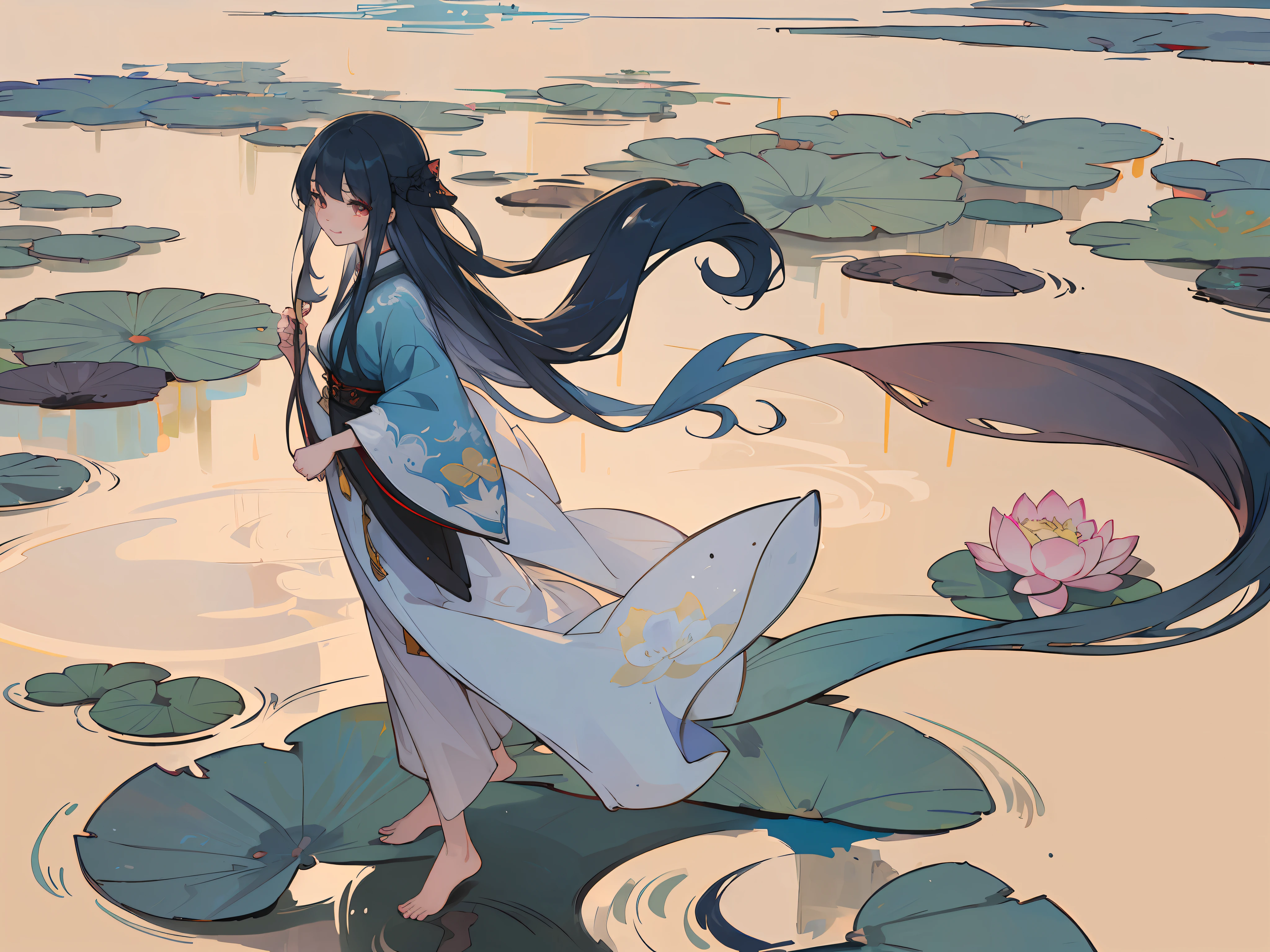 ((4k,masterpiece,best quality)), shuimobysim, traditional chinese ink painting, lotus, hanfu, maxiskit, dress conservatively 1girl, solo, long blue hair, smile, standing, feet in the water, barefoot,