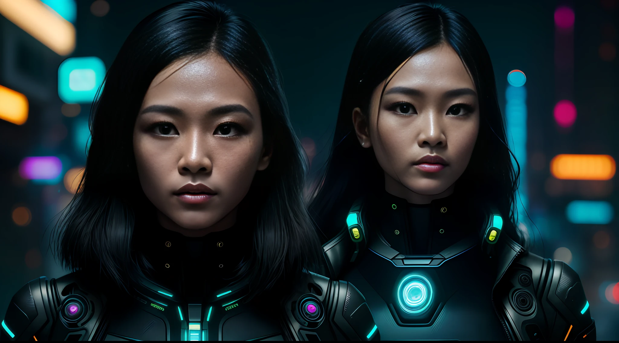 cyberpunk portrait photography, beautiful young thai woman looking off camera in glowing futuristic jacket, super realistic face, eyes visible through hair, proper eye position, natural skin, soft light, rim light, hips, in road side, detailed background, intricate , highly detail, octane render, HD, 8k, by Annie Leibovitz,120mm