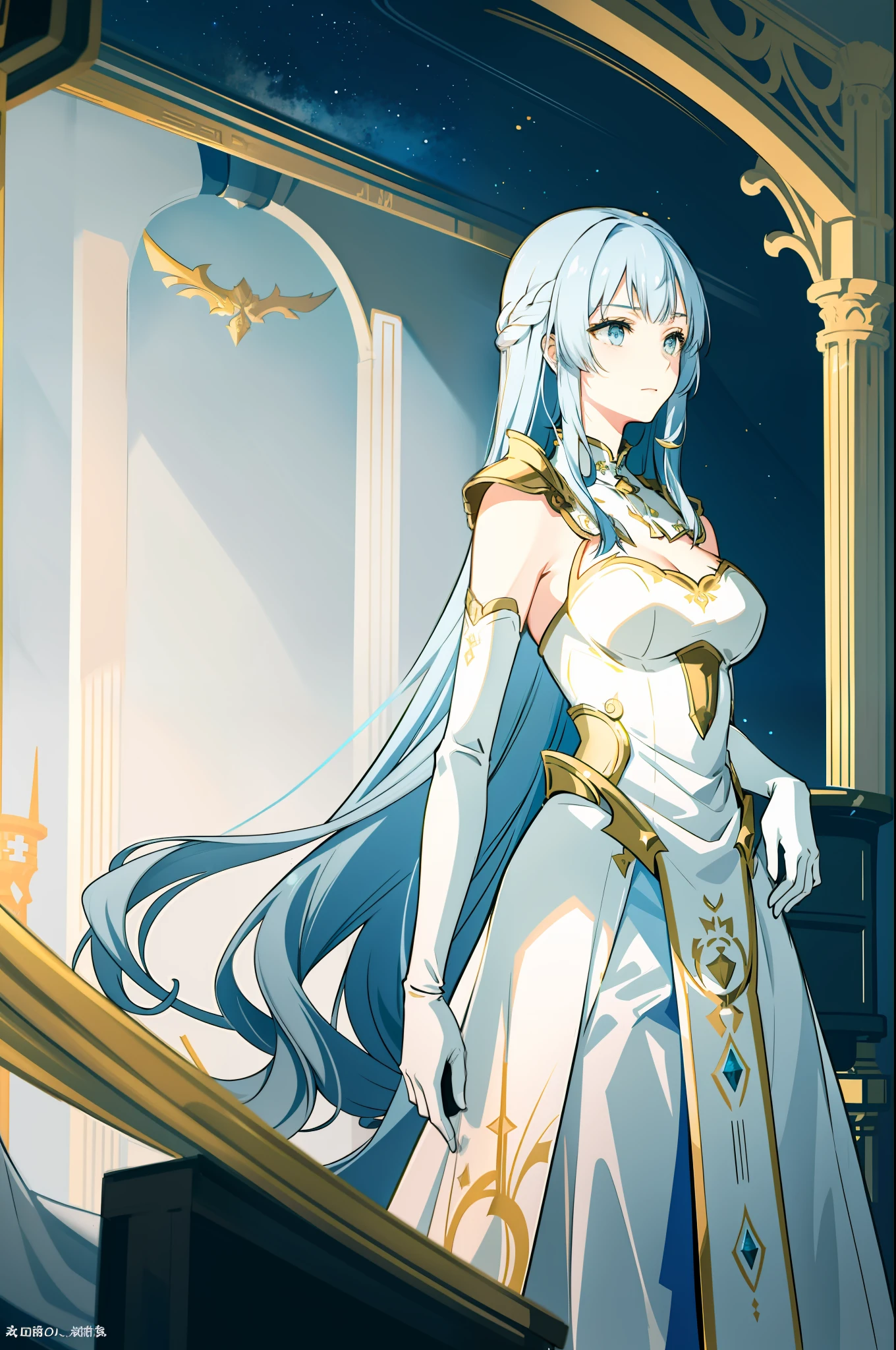 ((Ayaka)), a stunningly beautiful woman with long, flowing blue hair, radiates grace and elegance as she stands before me. Her delicate long white dress is adorned with beautiful gold trimmings that accentuate the curves of her (cleavage:0.3). The scene is set in the interior of a spaceship, filled with awe-inspiring technology and the quiet hum of deep space.