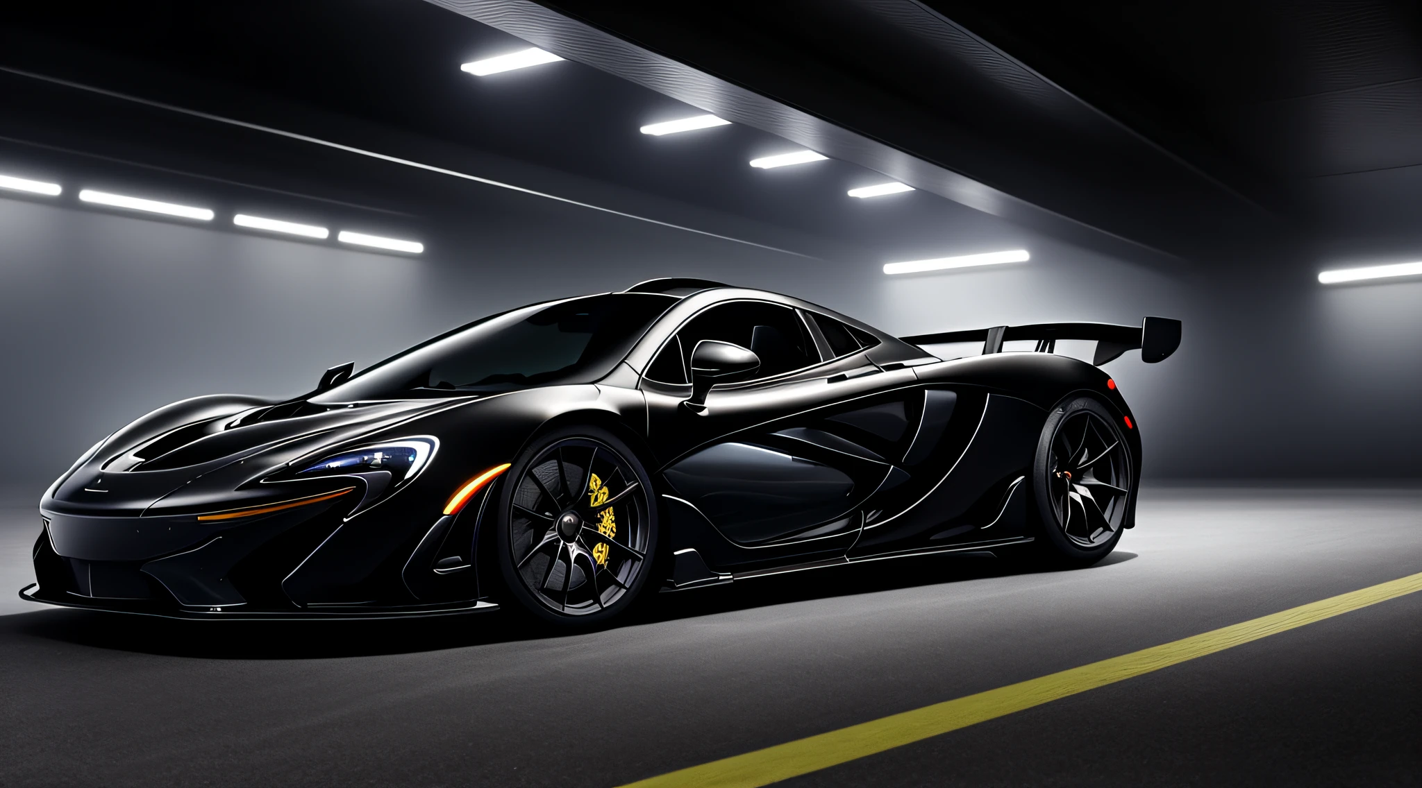 The McLaren P1 vermnelha goes through the night, with the headlights reflecting the glass and in the middle of the cyberpunk city 2077