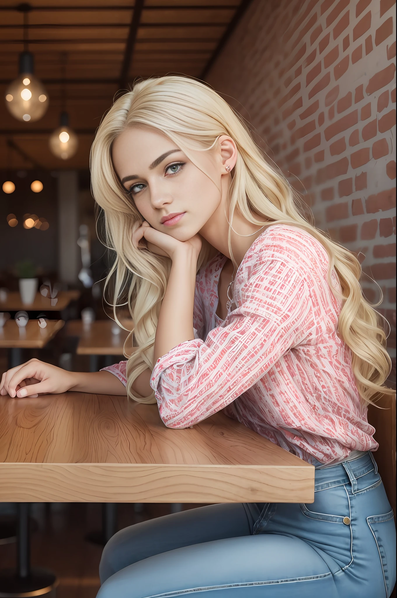 absurdres, RAW photo, highest quality, (masterpiece: 1.3), high detail RAW color photo, professional photo, extremely detailed CG 8k wallpaper unit, photo-realistic, realistic, RAW photo, masterpiece, best quality, highres,
1girl, 19 YEARS old, white, blonde hair, wavy, Average length, random hairstyle, athletic body, thin legs, perfect beautiful face, beautiful light brown realistic eyes, fair skin, detailed skin texture, very small natural breasts. Serious. She looks amazing. (red blouse and jeans, simple design). In a restaurant in São Paulo.