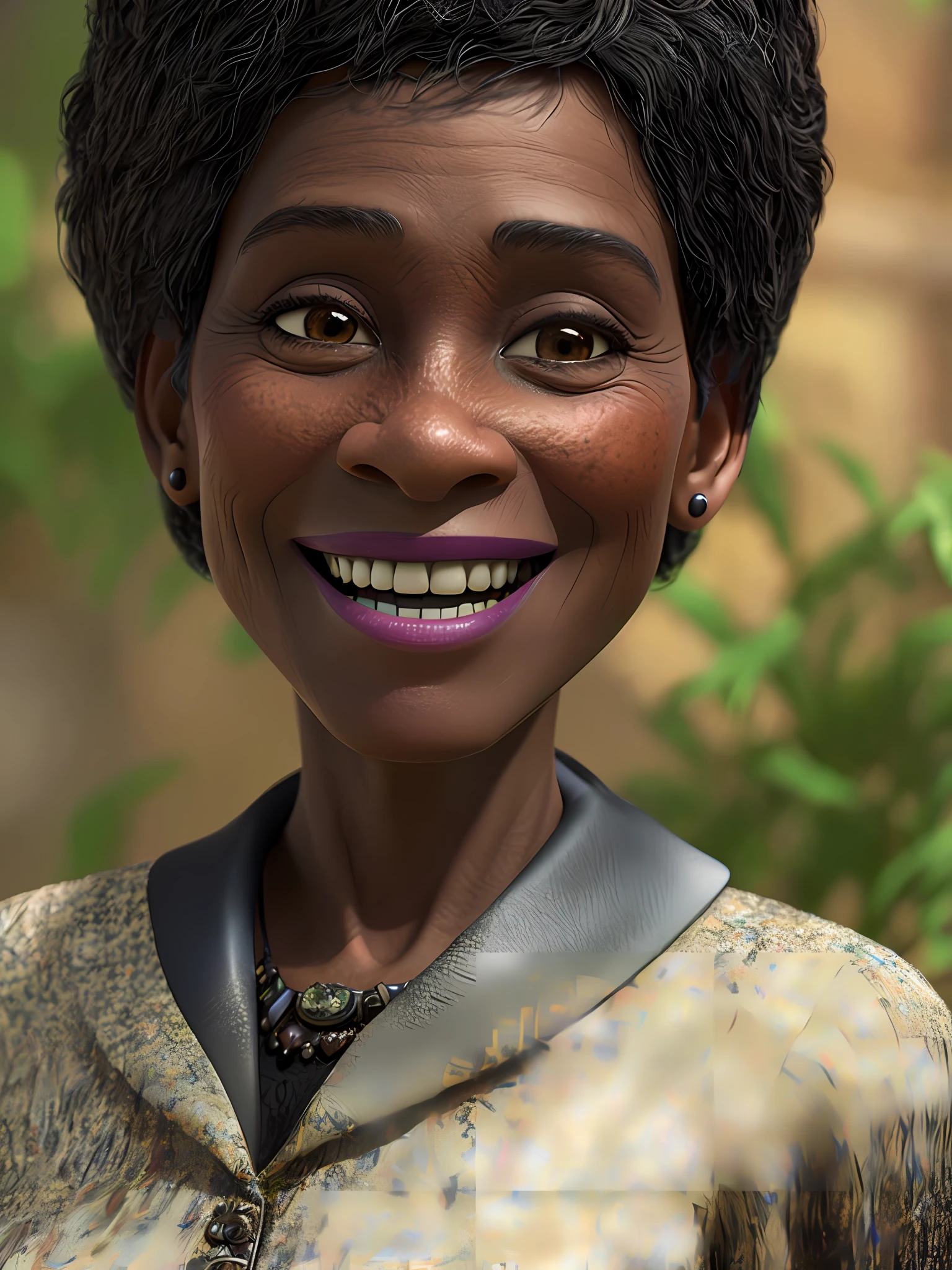 Pixarstyle a waist-high portrait of a 50-year-old woman Black, smile, natural skin texture, 4K textures, HDR, intricate, highly detailed, sharp focus, cinematic visual, hyper-detailed