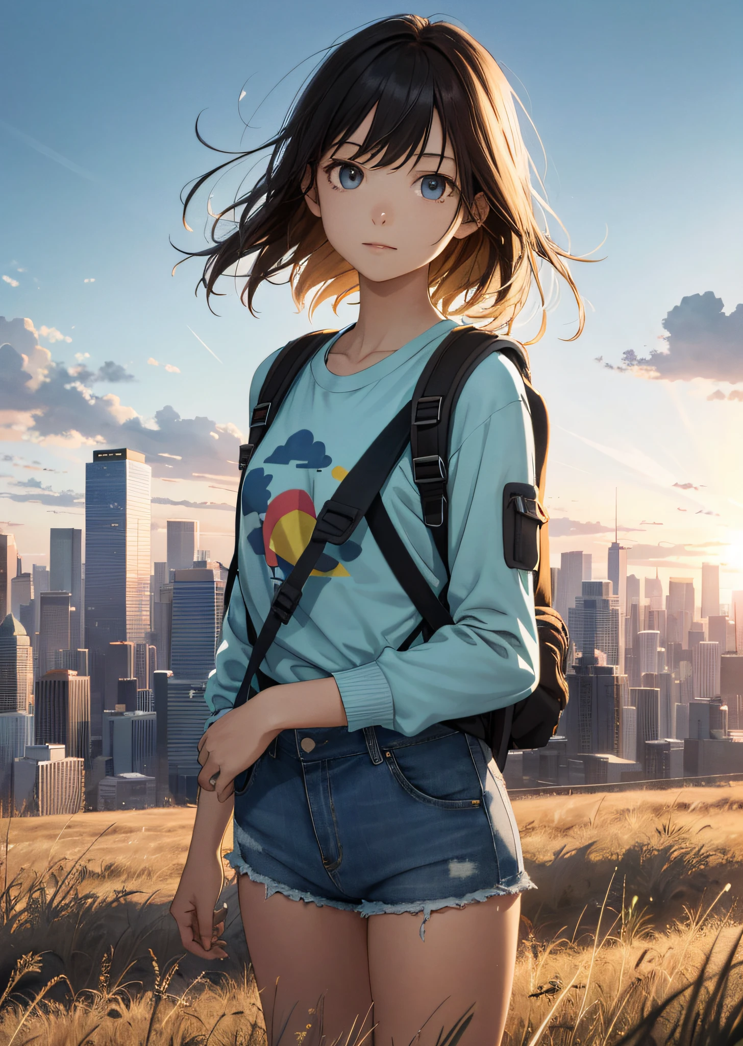 The vast sky, beautiful skyline, large grasslands, extremely tense and dramatic pictures, moving visual effects, high hanging Polaris, colorful natural glare. A girl in a long-sleeved top and denim shorts with a side backpack