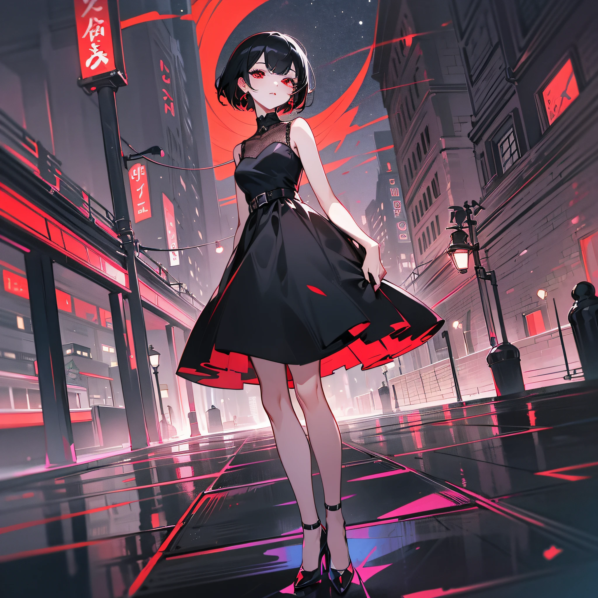 woman, black hair shorthair, stylish, black dress, black high heels, red eyes, red earrings, beautiful night scene, town, illustration --auto --s2