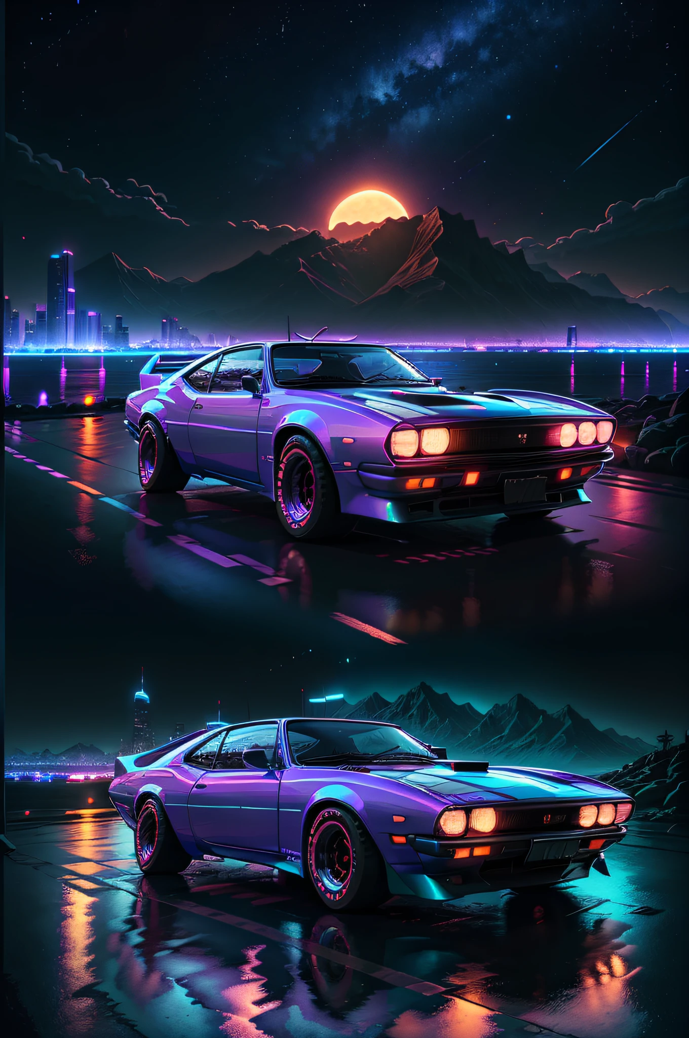 retrowave. city, 1969 Nissan S30, wide body kit, road, purple neon lights, sun, mountain,
(masterpiece,detailed,highres),