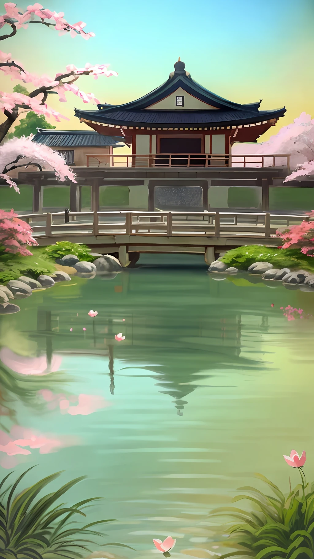(digital painting),(best quality), (buildings:1.3), serene Japanese garden, cherry blossoms in full bloom, koi pond, footbridge, pagoda, Ukiyo-e art style, Hokusai inspiration, Deviant Art popular, 8k ultra-realistic, pastel color scheme, soft lighting, golden hour, tranquil atmosphere, landscape orientation