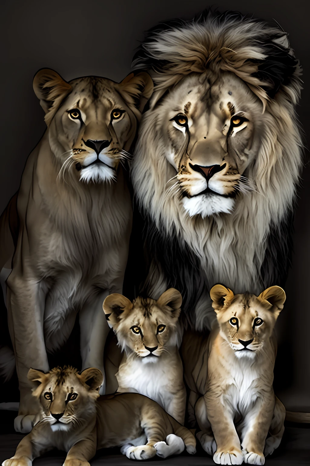 Photography in black and white, shades of gray, there are a lot of lions that are standing together, lions, family portrait, lion, proud look, mane, simba, wildlife animals, family photo, lioness, trend, fundonescuro, fundonpreto, dark cave, majesty, cub, lion icon, strong and fierce, photo of a beautiful, by Linda Sutton, proud look,  by Robert Childress, by László Balogh, vignette