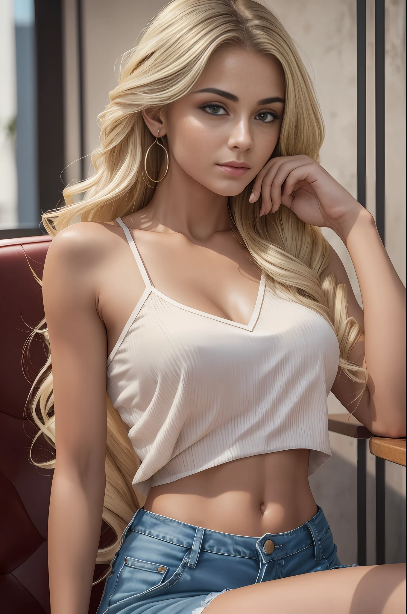 absurdres, RAW photo, highest quality, (masterpiece: 1.3), high detail RAW color photo, professional photo, extremely detailed CG 8k wallpaper unit, photo-realistic, realistic, RAW photo, masterpiece, best quality, highres,
1girl, 19 YEARS old, white, blonde hair, wavy, Average length, random hairstyle, athletic body, thin legs, perfect beautiful face, beautiful light brown realistic eyes, fair skin, detailed skin texture, very small natural breasts. Serious. She looks amazing. (red blouse and jeans, simple design). In a restaurant in São Paulo.