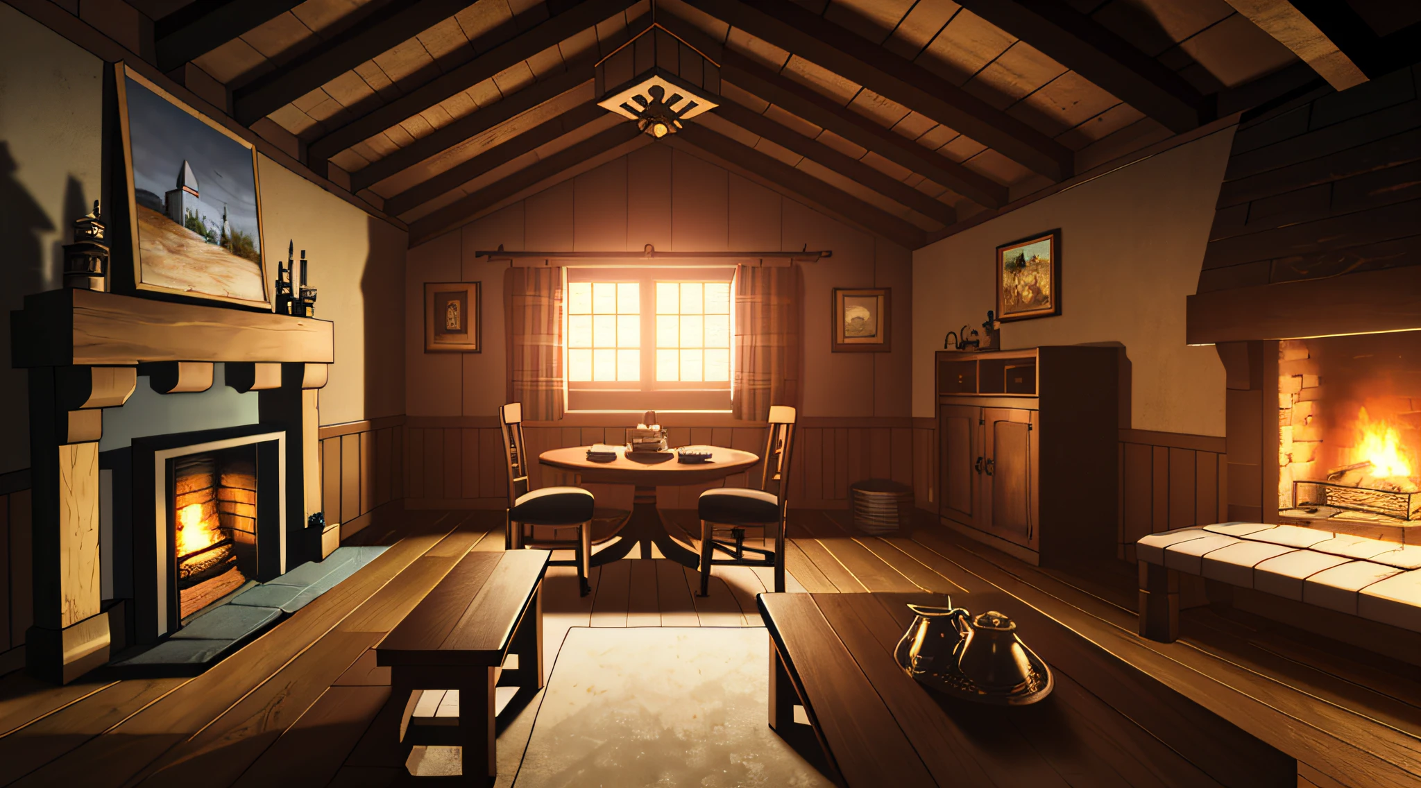 interior of a cottage, night, Symmetrical Camera Framing, Table in the center, Wide Camera Shot, Chimney in the center background ((masterpiece))