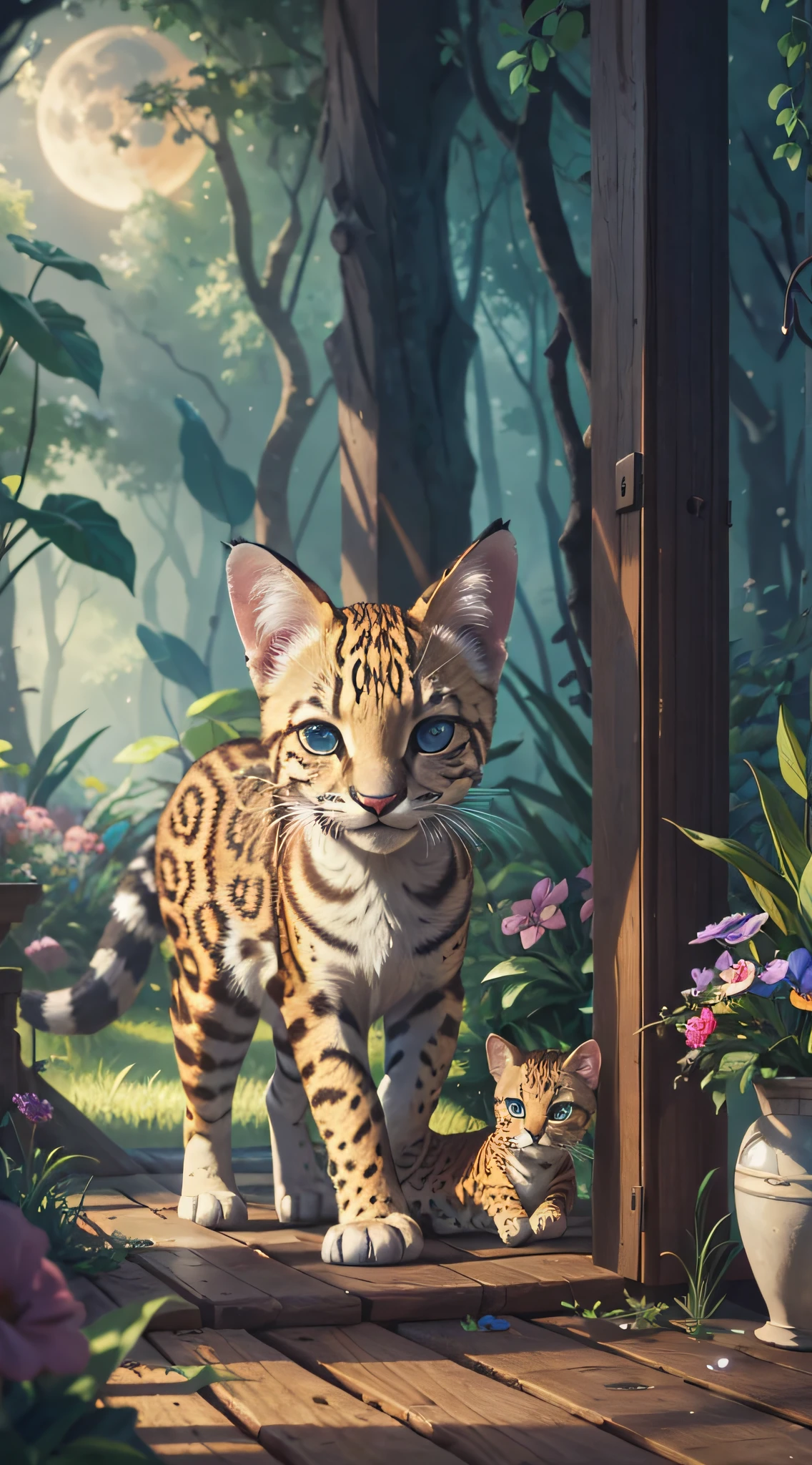 A magic oceot, Ocelot cub playing with its mother, flowers, vases, dreams, pastels Caroline Chariot-Dayez, tumblr, furry art, elokitty, Disney, stylized Disney furry, cute tail, 'cute', cute !!!, high resolution, furry art!!! moon, ray tracing, super detailed, masterpiece, best quality, ultra quality, absurd details, best light, best shadow, sharp, sharp image, detailed, extremely detailed, great resolution, 8k, 4k, uhd, particle effects, beautiful effects, background with a magical forest, neon, lights, vivid colors, full color, magical animal