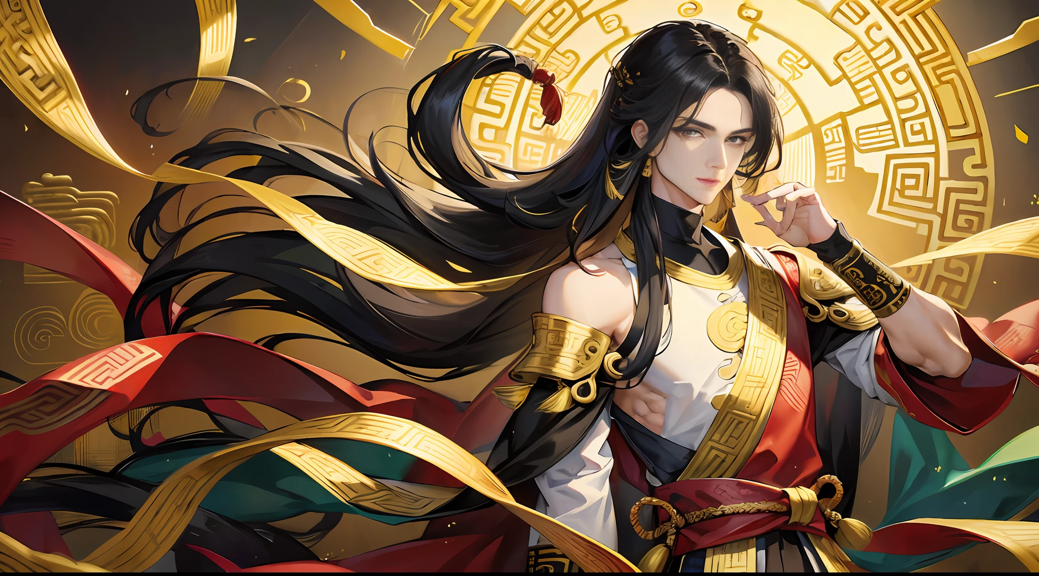 (Ancient Chinese style: 1.3+ prince), (Chinese style costume), high-definition ultra-detailed CG excellent illustration, back hair split ends long hair long bangs, male, black hair, dark eyes, (wide shoulder masculine: 1.2 + gentle and handsome), (split turtleneck: 1.1 + black and gold mixed), (dark dragon pattern: 1.2 setting), solo