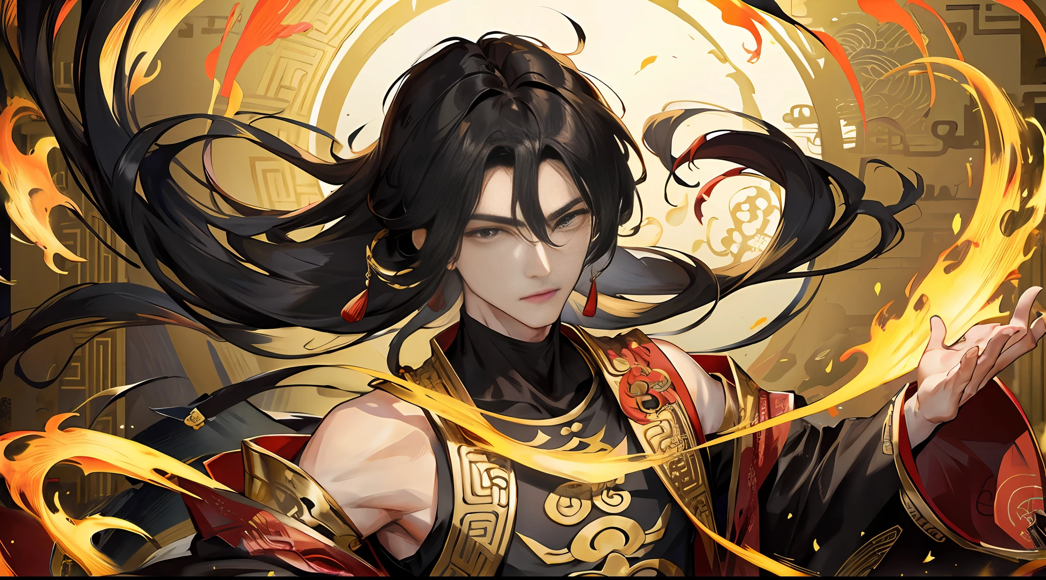 (Ancient Chinese style: 1.3+ prince), (Chinese style costume), high-definition ultra-detailed CG excellent illustration, back hair split ends long hair long bangs, male, black hair, dark eyes, (wide shoulder masculine: 1.2 + gentle and handsome), (split turtleneck: 1.1 + black and gold mixed), (dark dragon pattern: 1.2 setting), solo