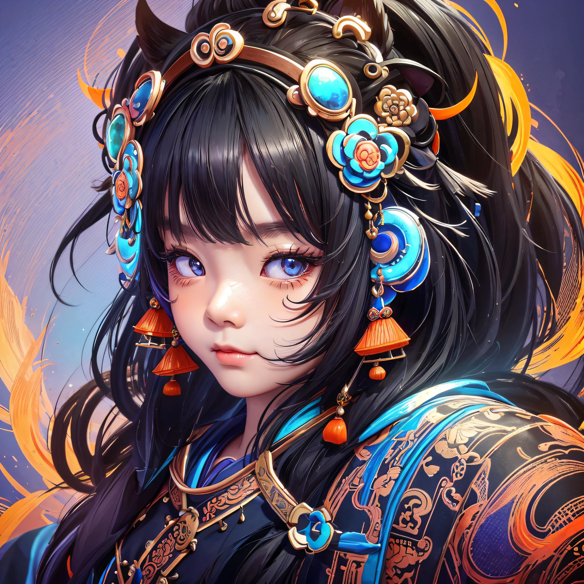 Ming dynasty little girl, black, wearing a huge Chinese lion dance on her head, eyes exposed, facing the audience, realistic hyper-detailed rendering style, orange, blue, clean background, brush, ultra-realistic oil head close-up, super close-up, exaggerated perspective, contour shadow, pearlescent rainbow mother, holographic white --auto --s2