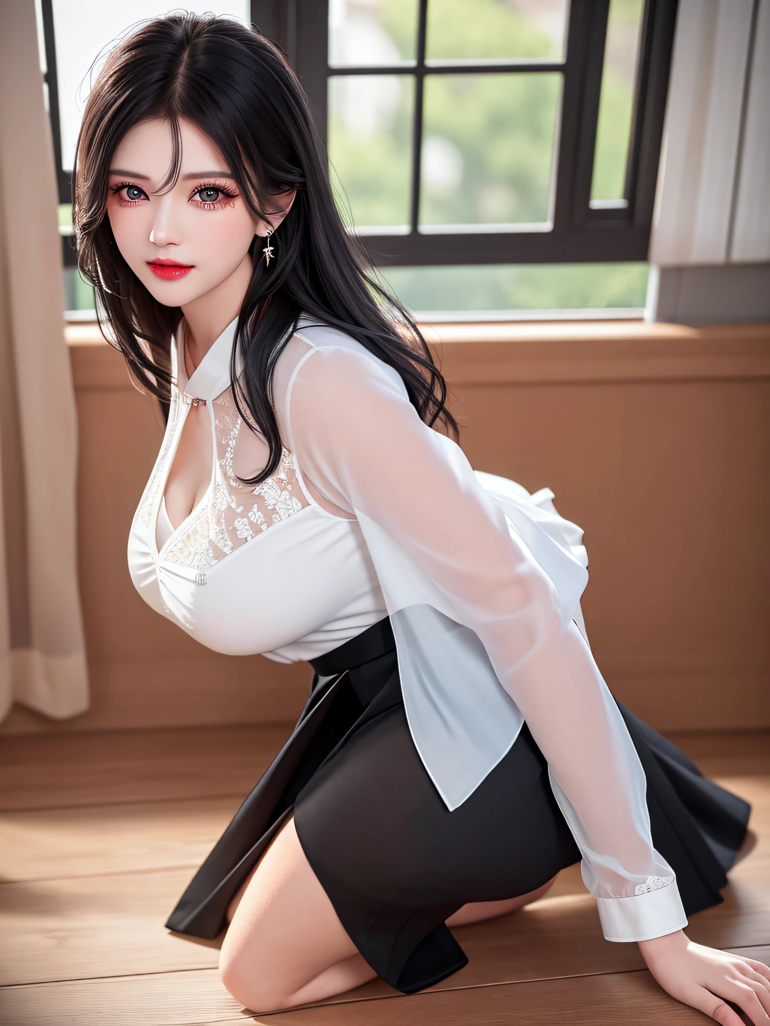 (Female teacher on all fours in the classroom)) v6, earrings, full body v6, long gray hair, looking, superb, ultra high definition, RAW photography, realism 1.25), (bright lip gloss, long eyelashes, smooth) face, bright skin, natural shadows, wide light, wide light, depth of field, strong colors, subtle caustics: 0.8), smile, (big), v6, sexy ((white sheer blouse, Black tight skirt, slit)), looking, exquisite, black lace underwear, sexy pose, behind the woman there is a window showing various buildings in the city (absurdity, high resolution, super detail), ((turn around)